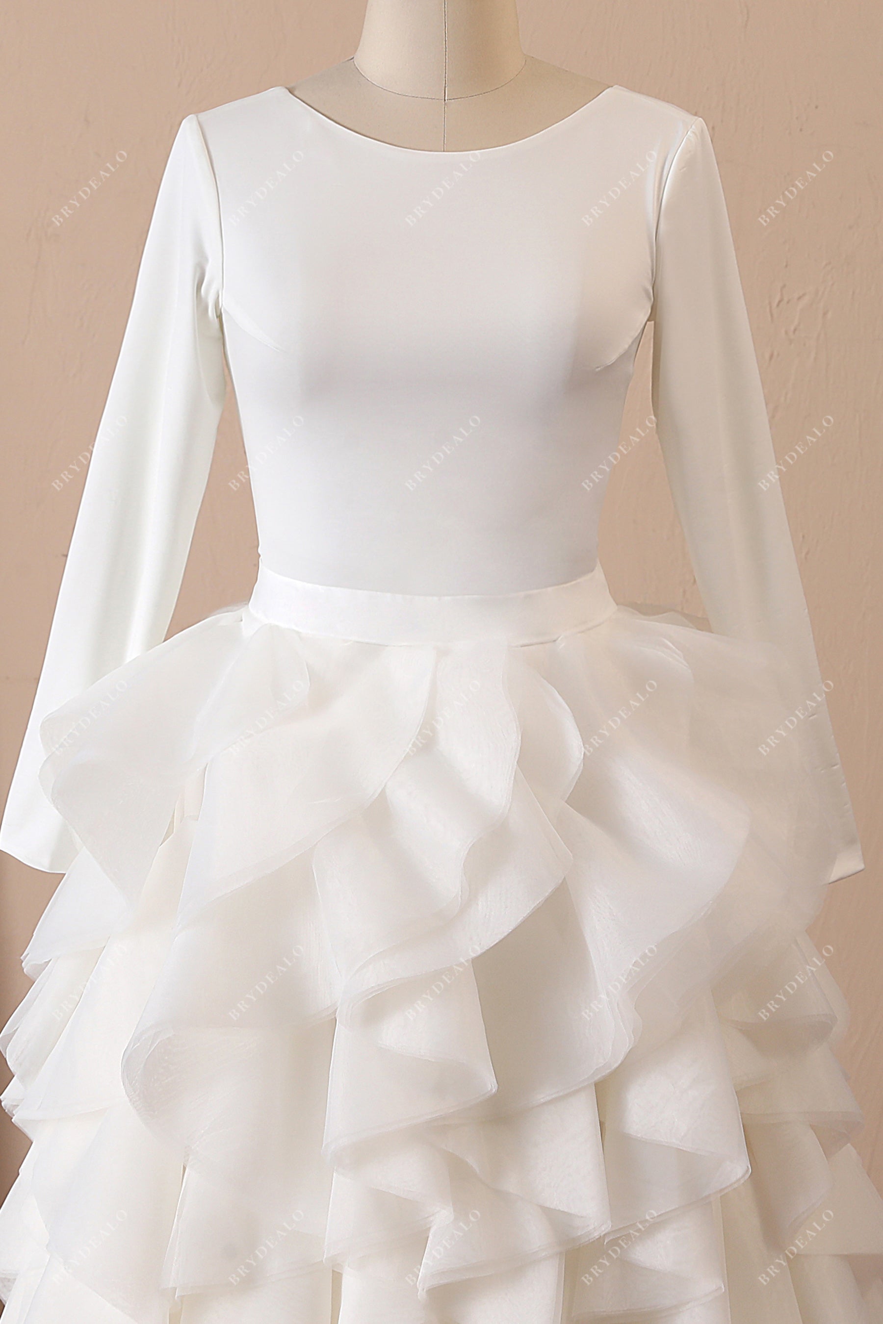 crepe bateau neck full length sleeves bridal gown