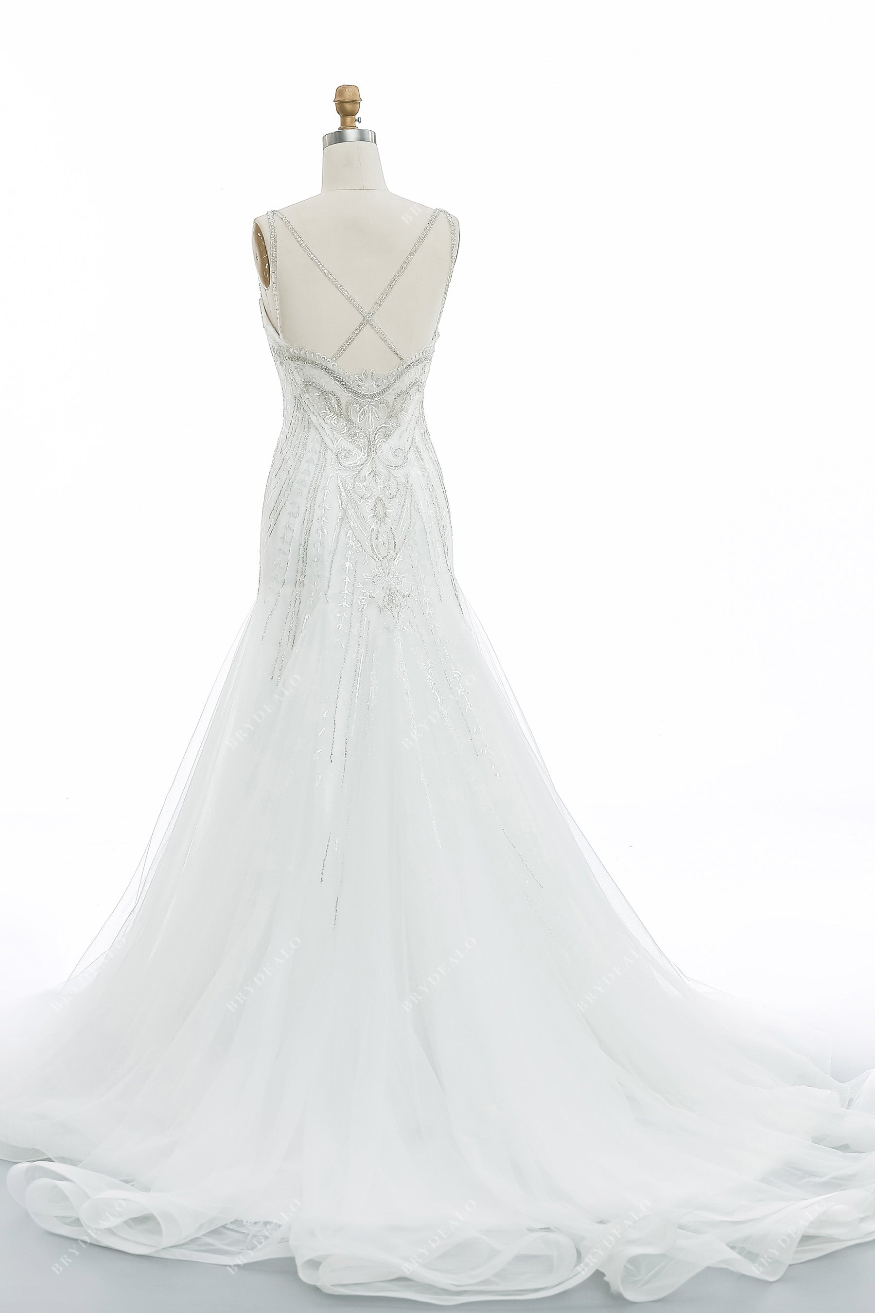 beaded crisscross straps mermaid destination fall wedding gown