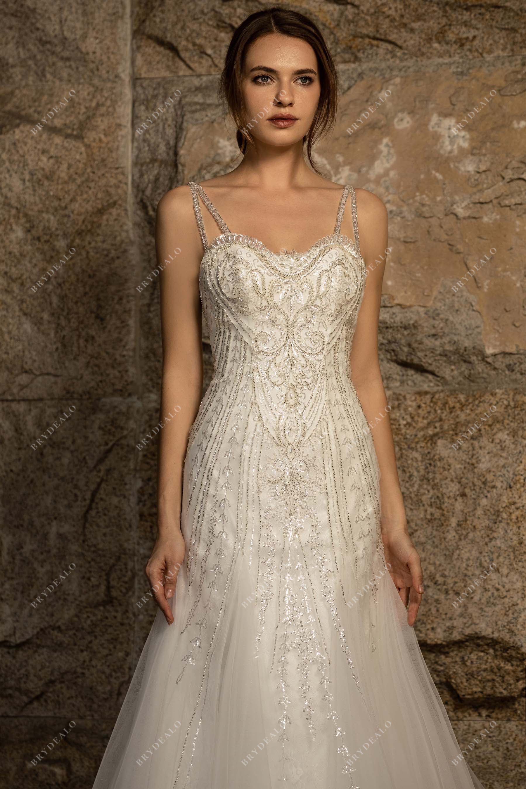 beaded double straps sweetheart neck sparkly lace wedding gown