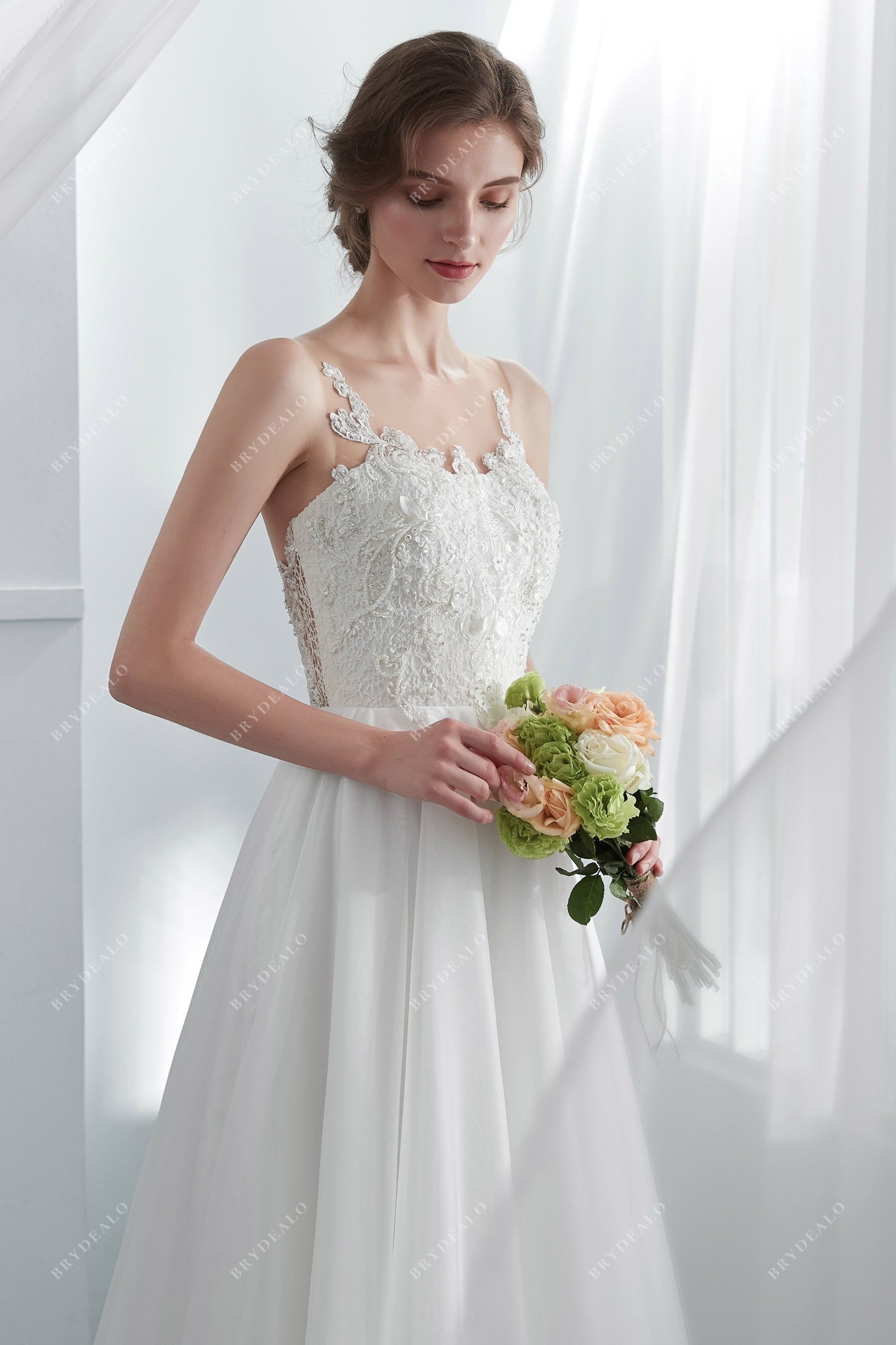 sleeveless designer beaded lace boho bridal gown