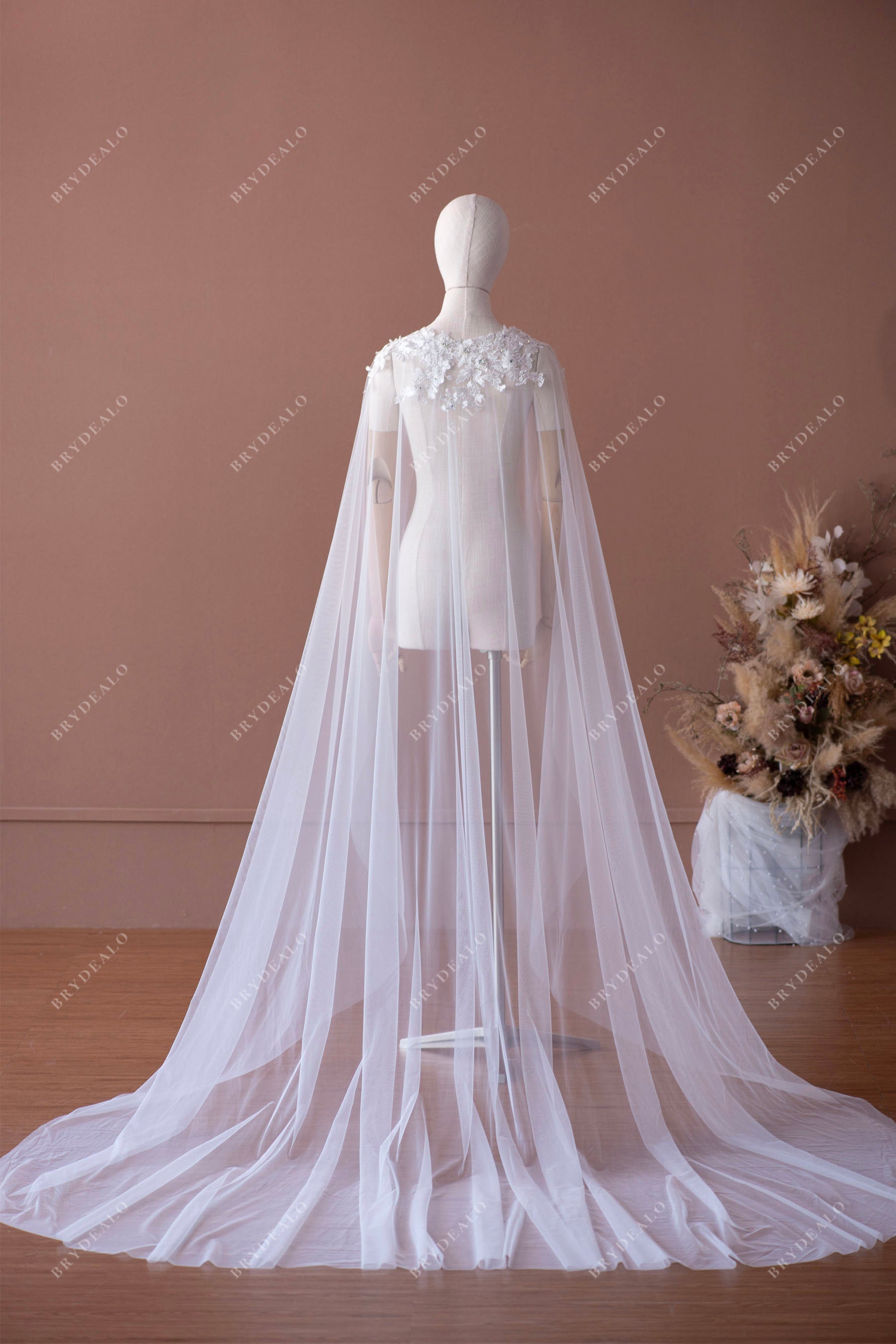 Long train beaded lace cathedral bridal cape