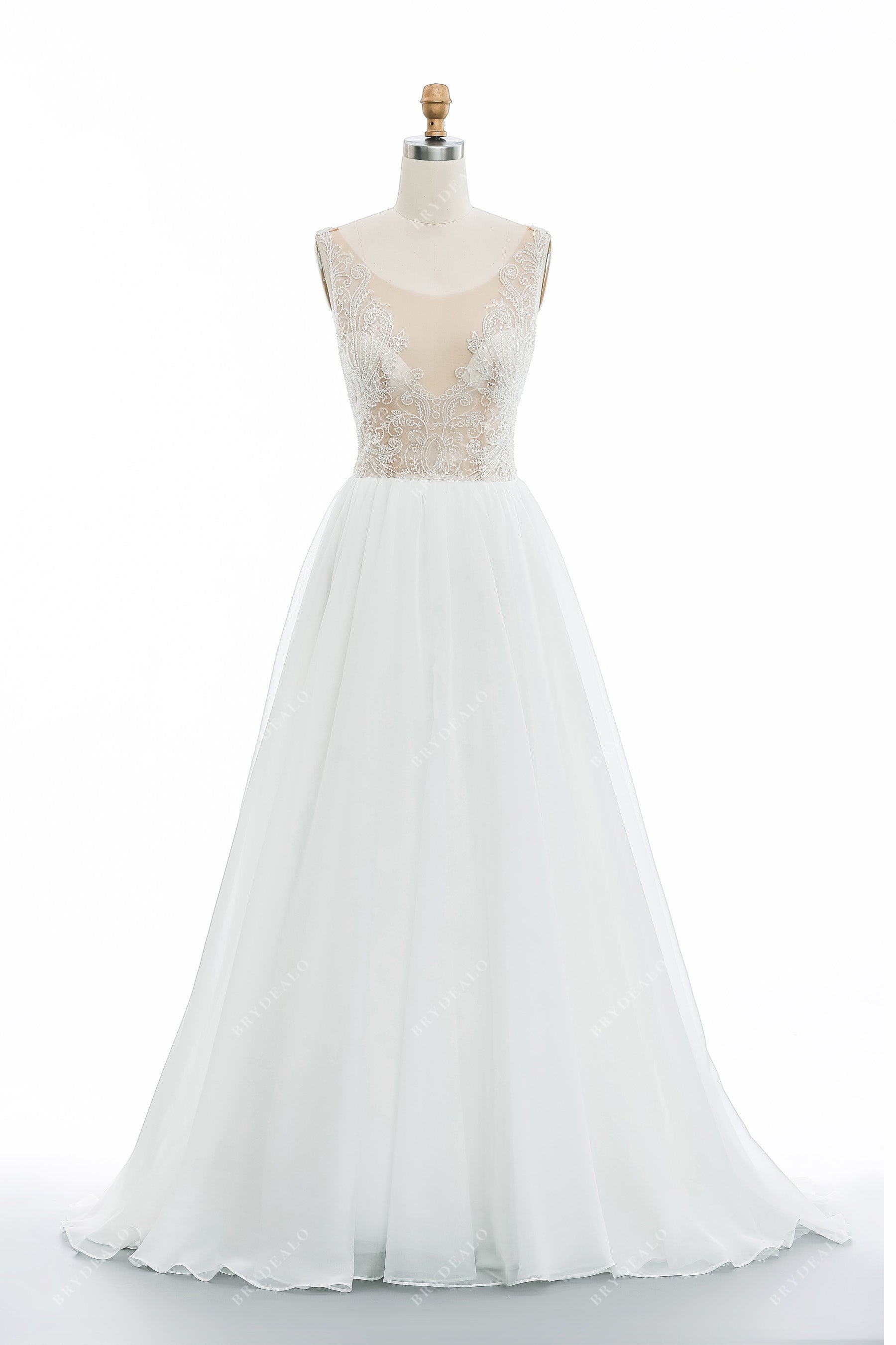 beaded illusion neck puffy organza wedding dress