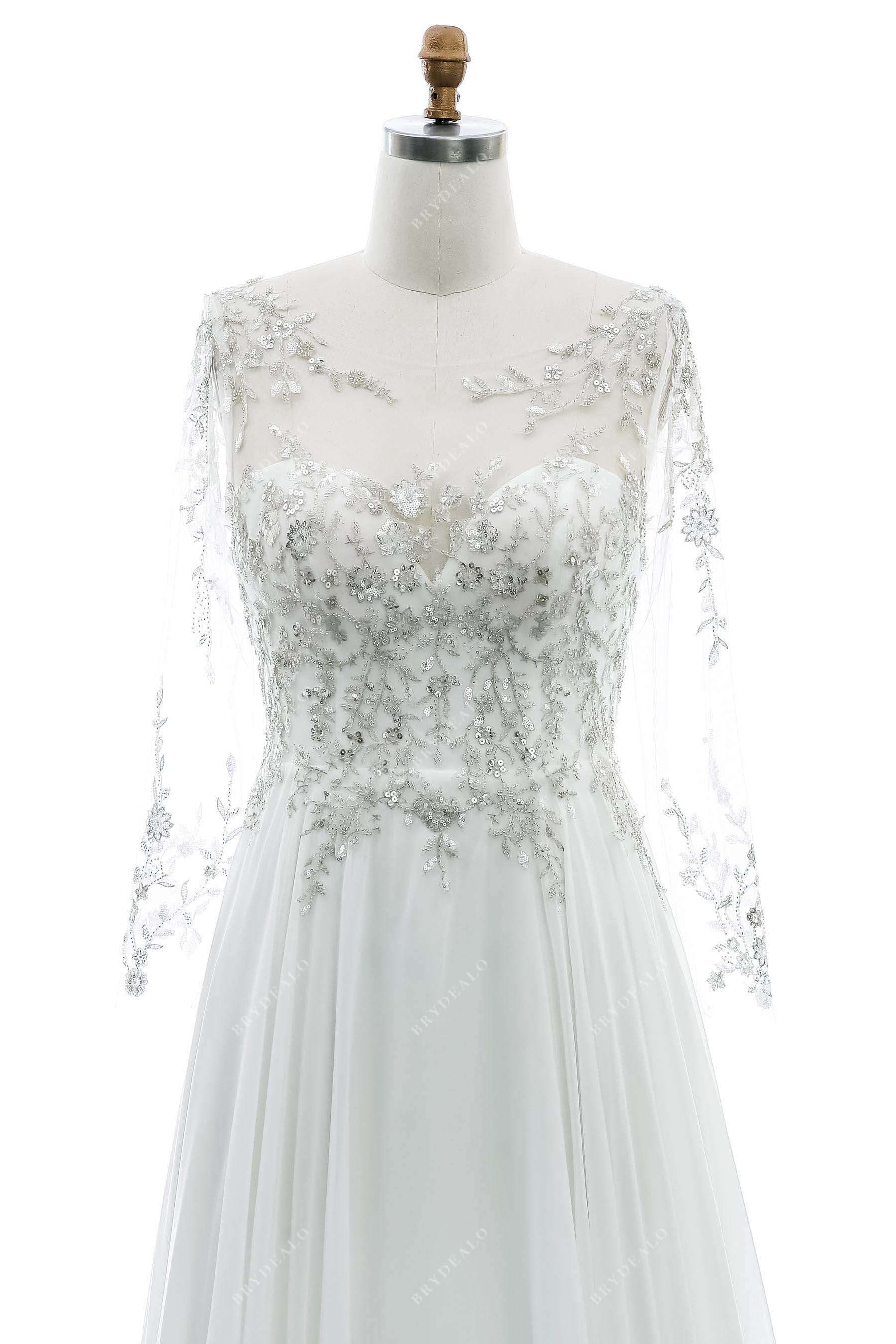 stunning beaded lace illusion neck long sleeve wedding gown