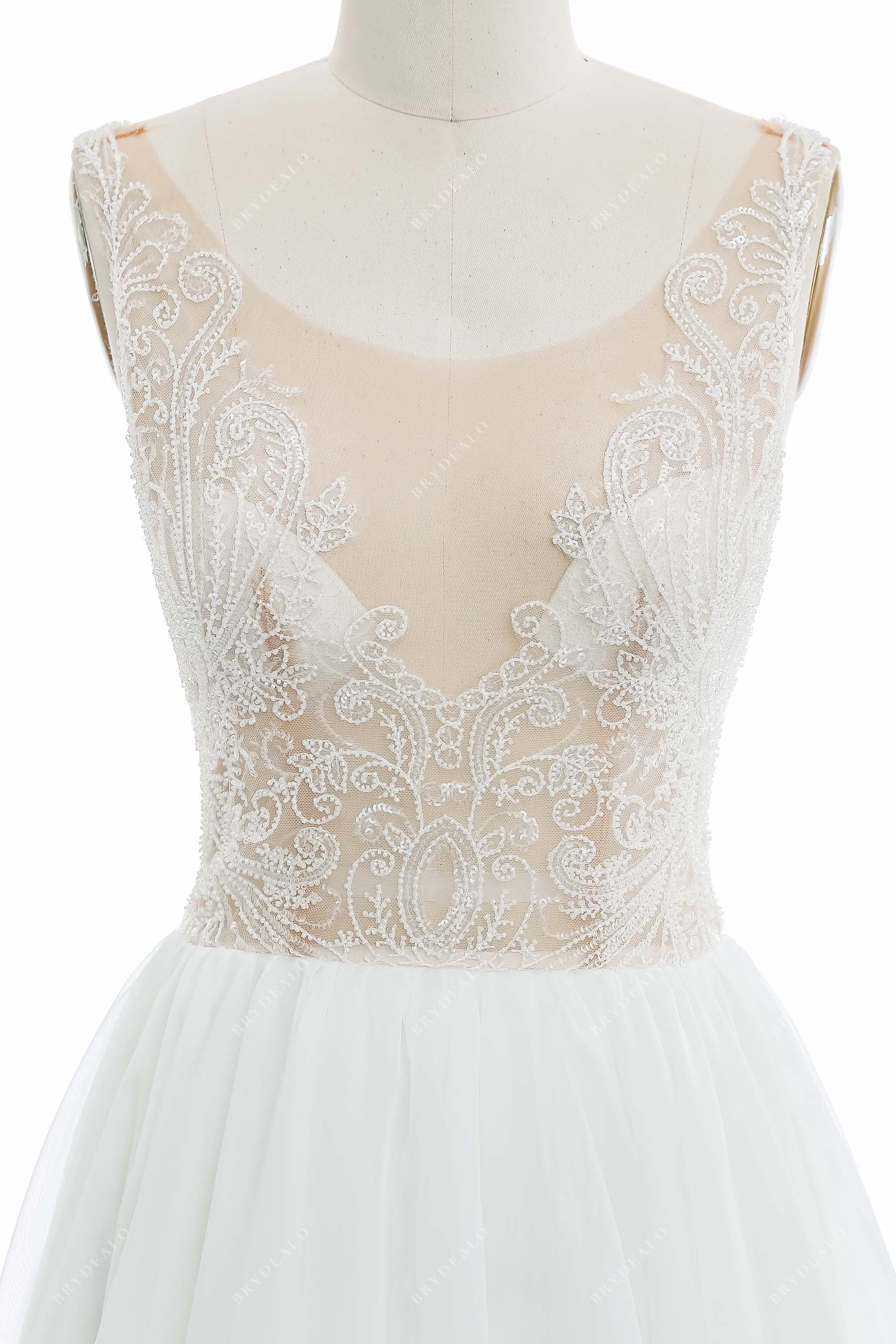 sleeveless beaded lace illusion neck sleeveless wedding dress