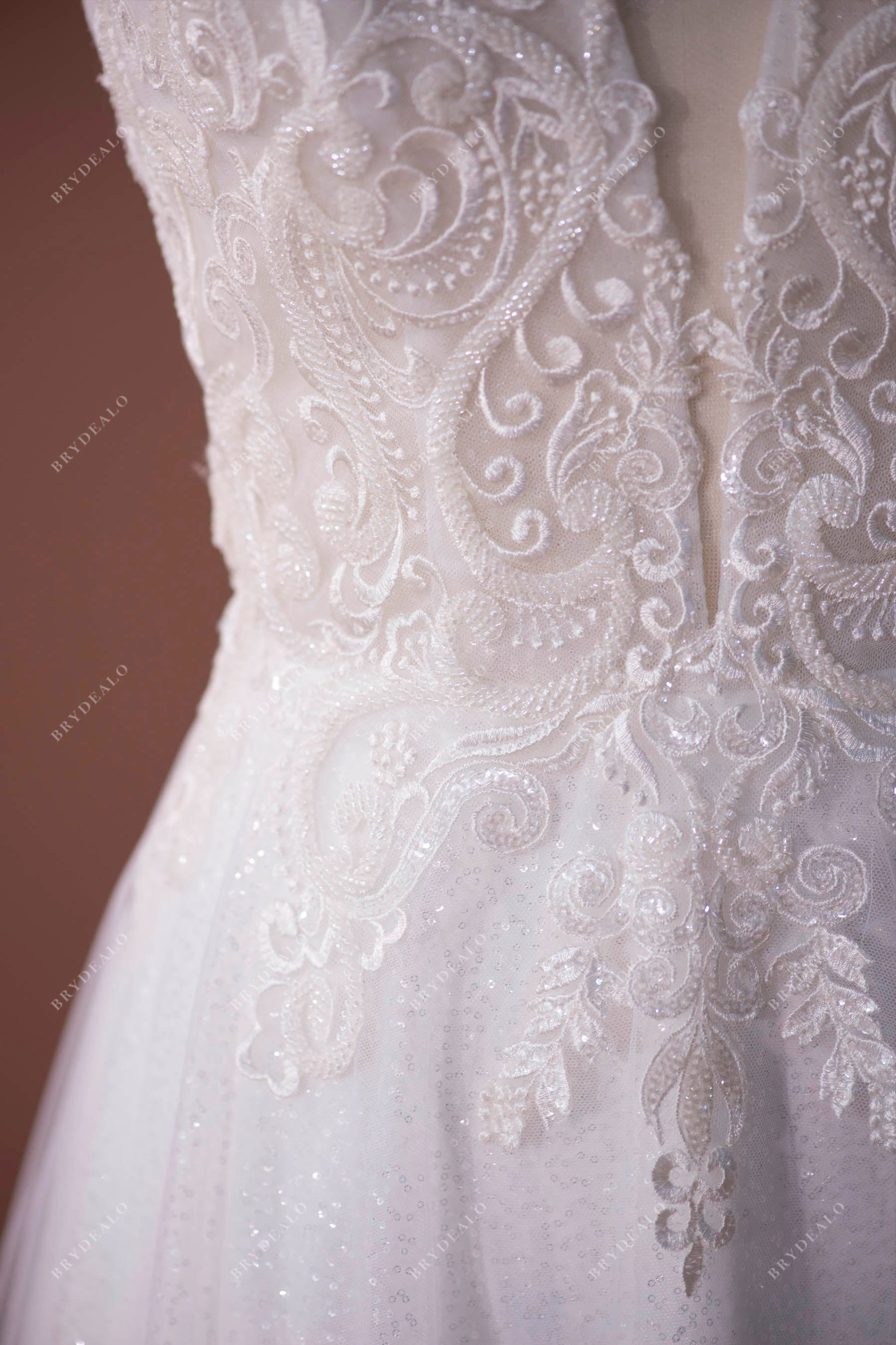 Designer Beaded Lace Plunging Wedding Gown