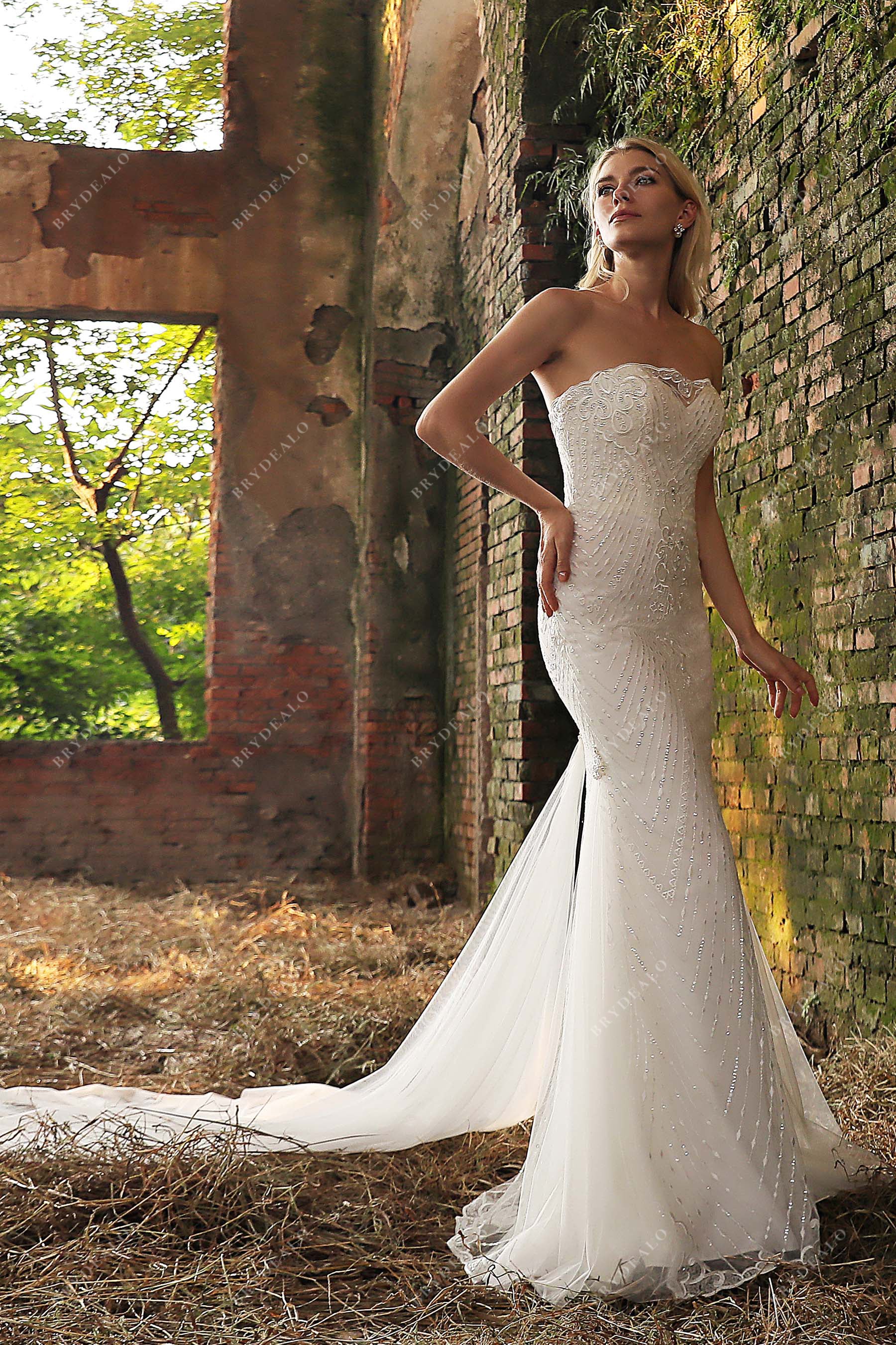 Beaded Lace Strapless Tulle Garden Godet Wedding Dress