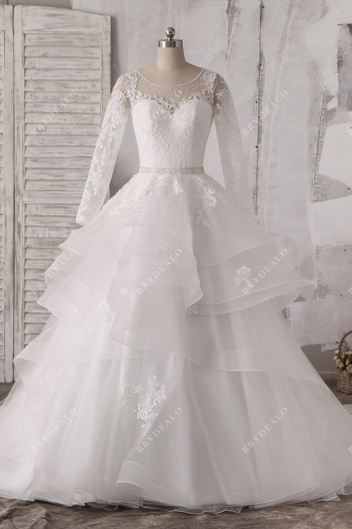 long sleeves beaded lace tulle ruffled ball gown wedding dress