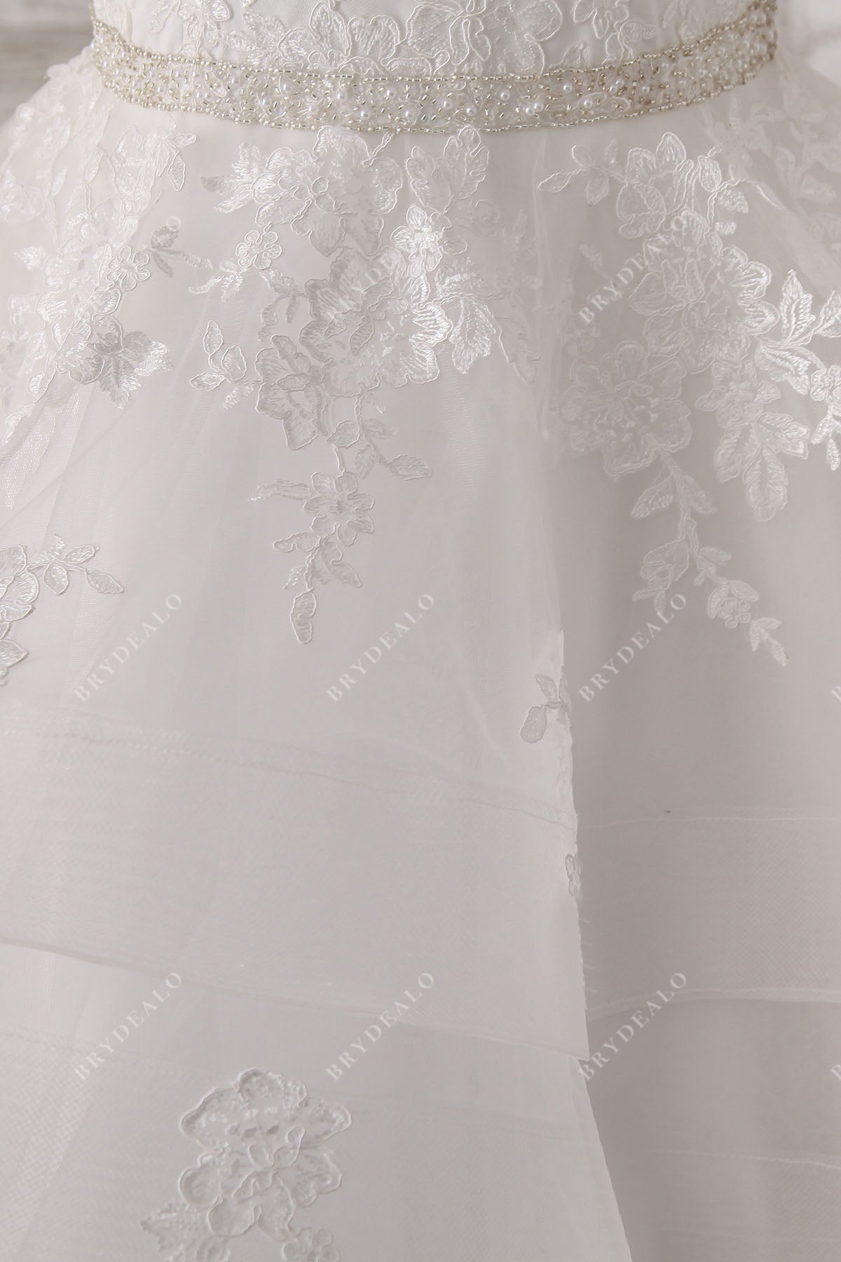 beaded belt lace tulle ruffled wedding gown