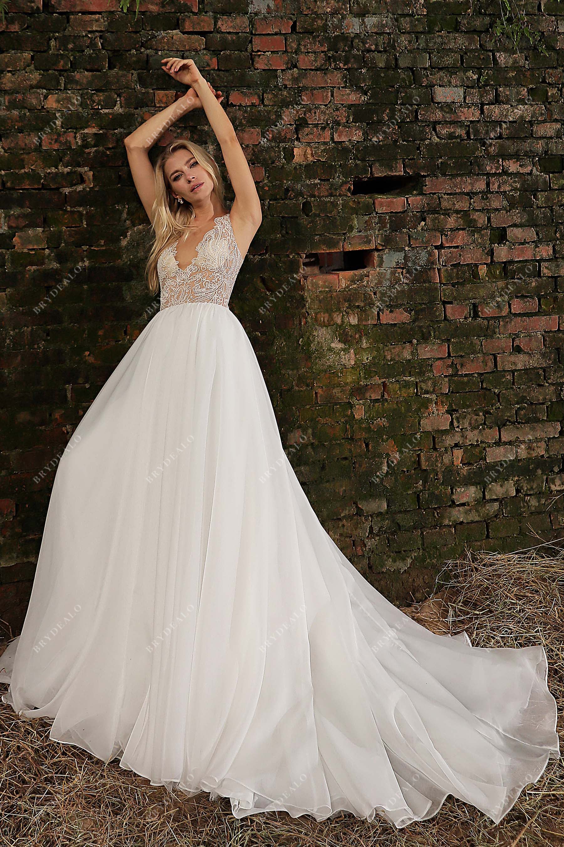 Beaded Lace Illusion Neck A-line Chic Wedding Gown