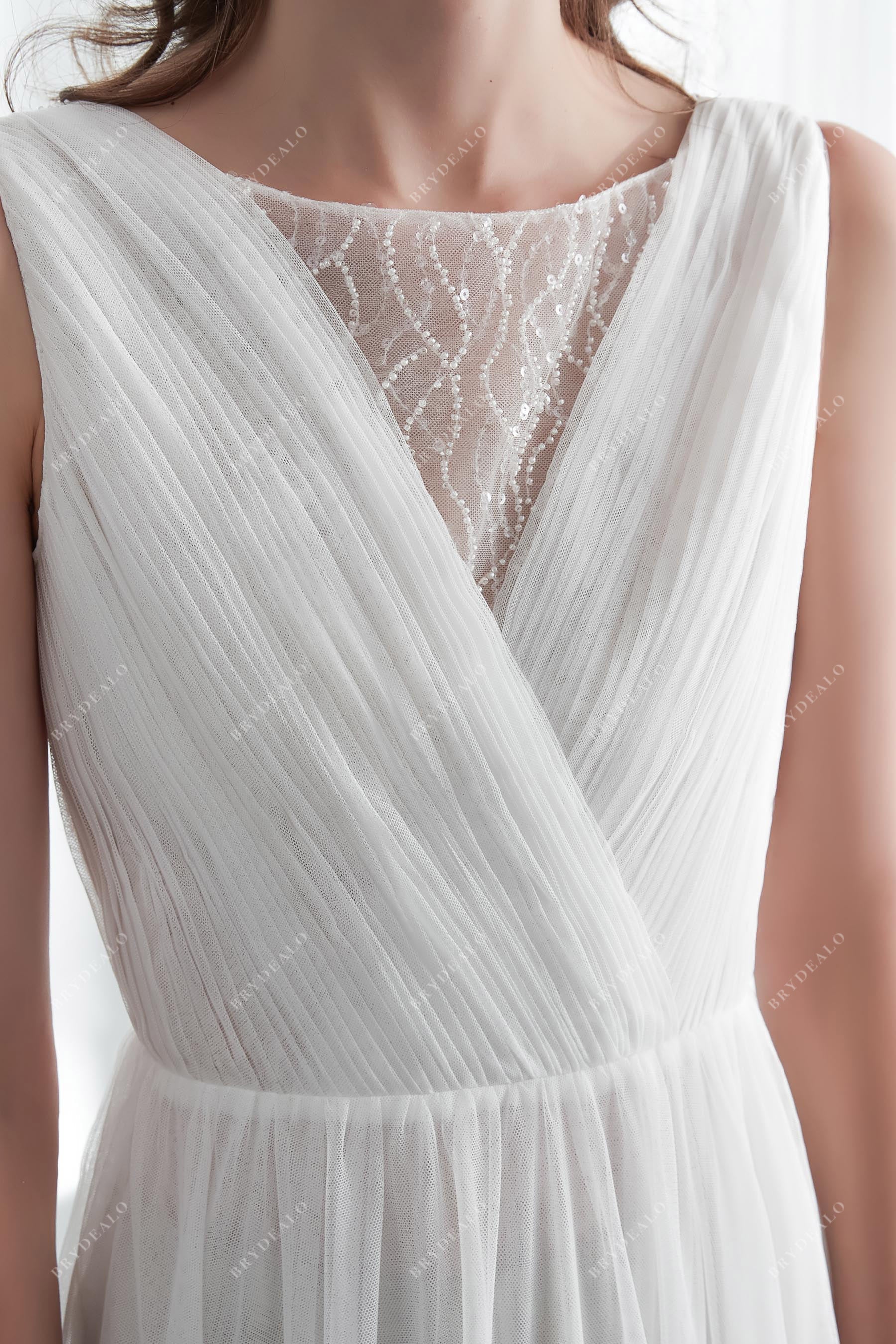 Illusion Beaded Neck Pleated Tulle Fall Bridal Gown