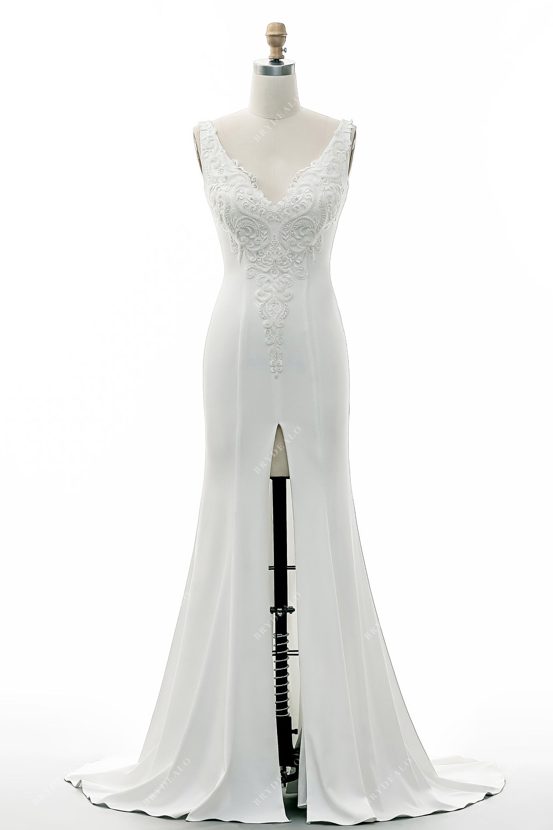 Center Slit Sleeveless Lace Crepe Wedding Gown