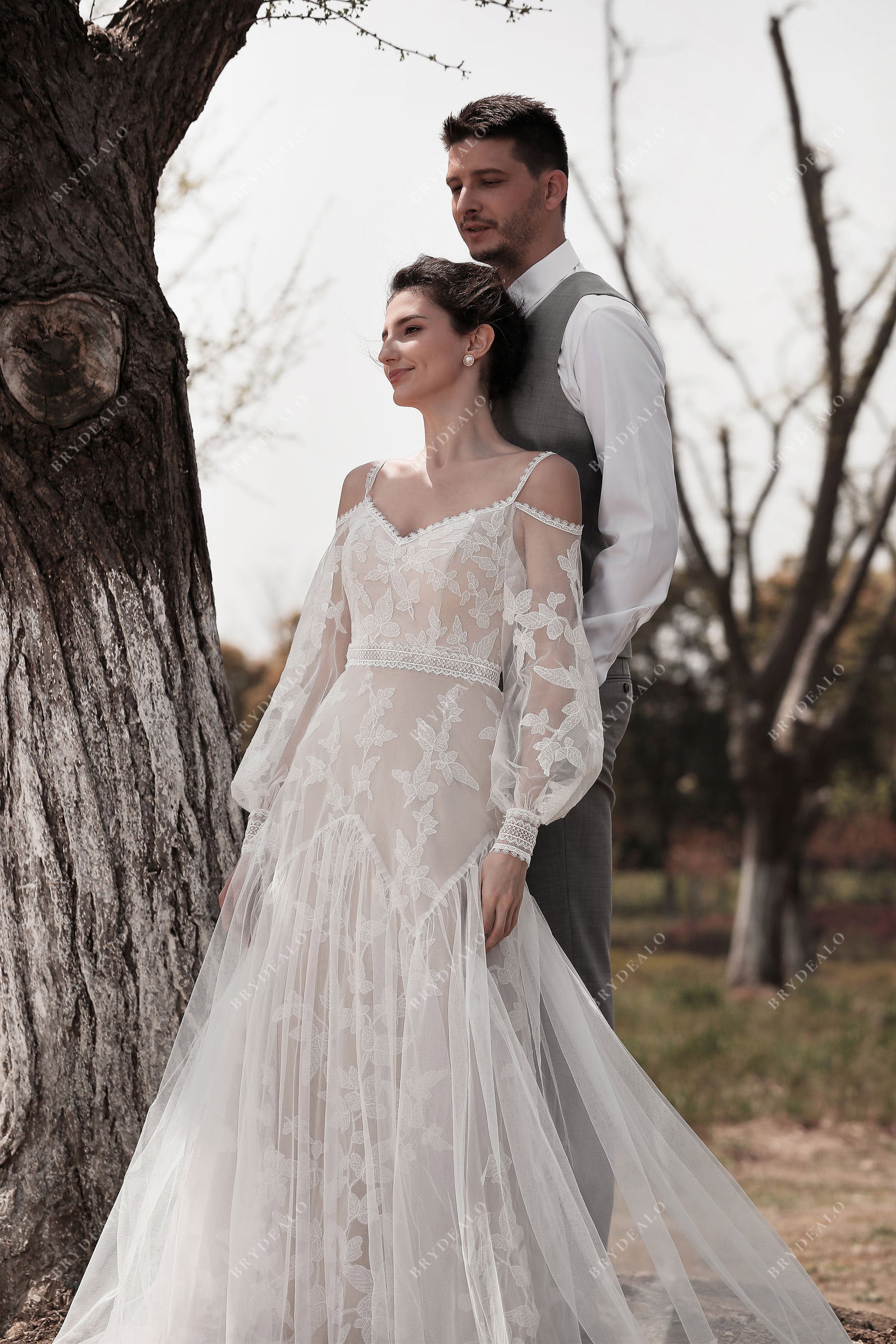 boho lace cold shoulder designer wedding dress