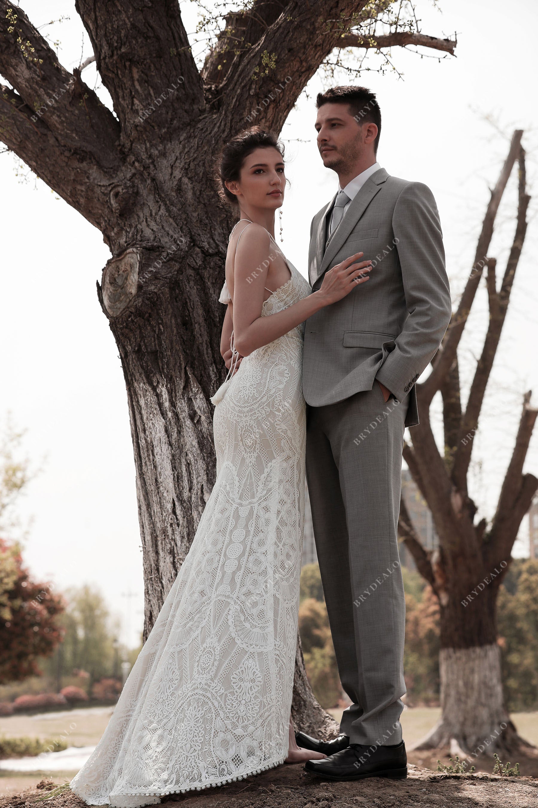 sleeveless fit and flare lace destination bridal gown