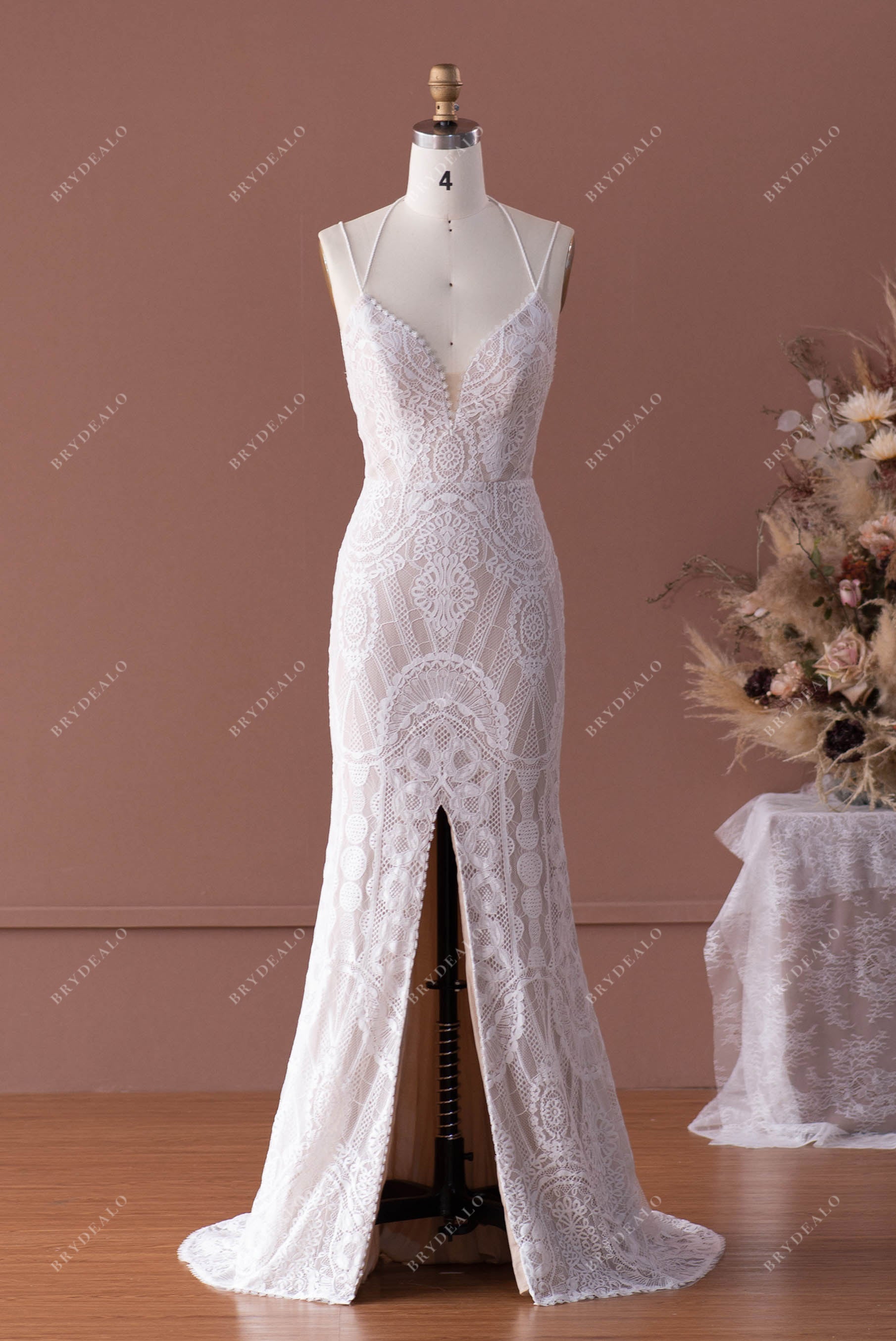 sexy slit mermaid boho lace bridal gown