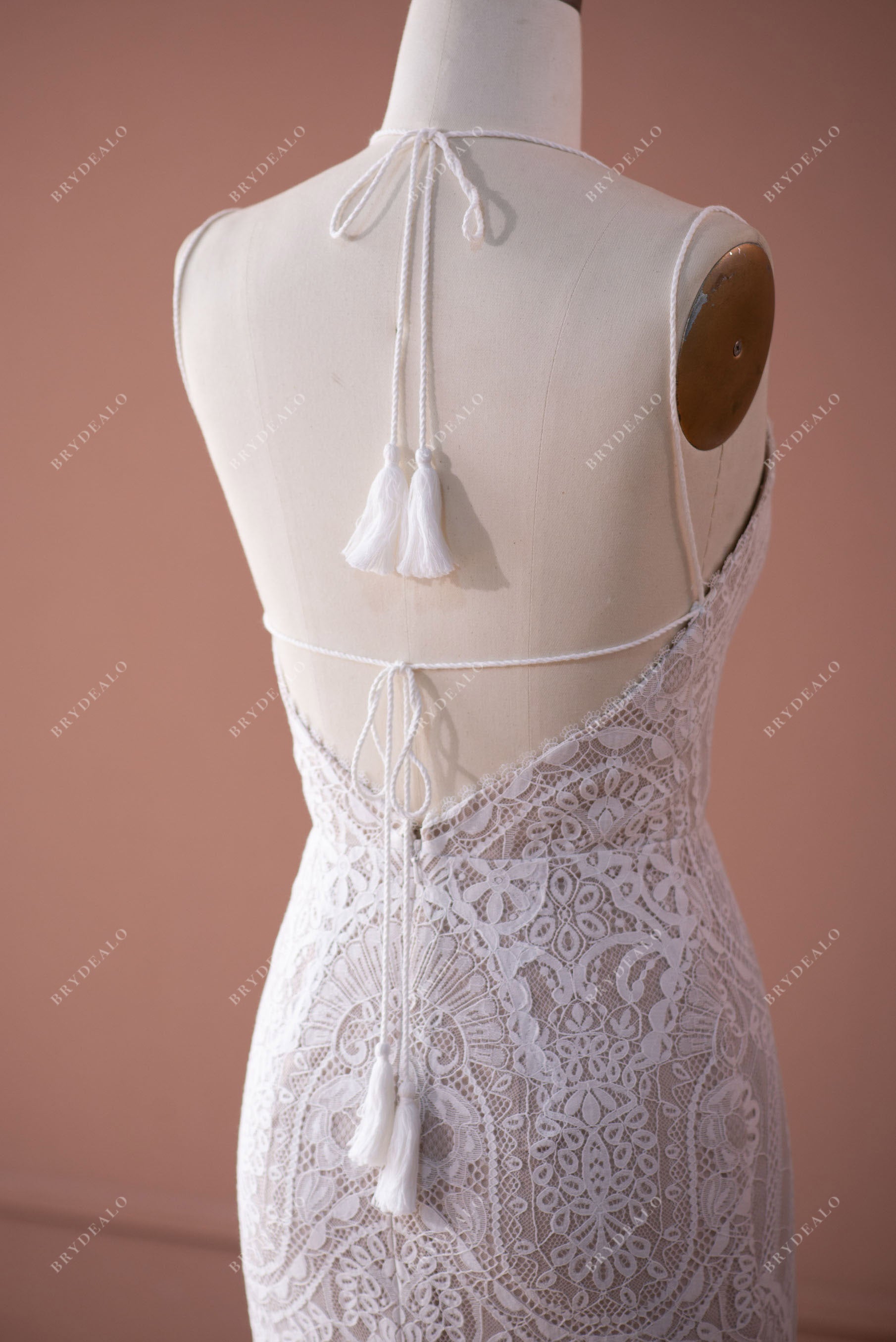 halter tie open back designer lace bridal gown
