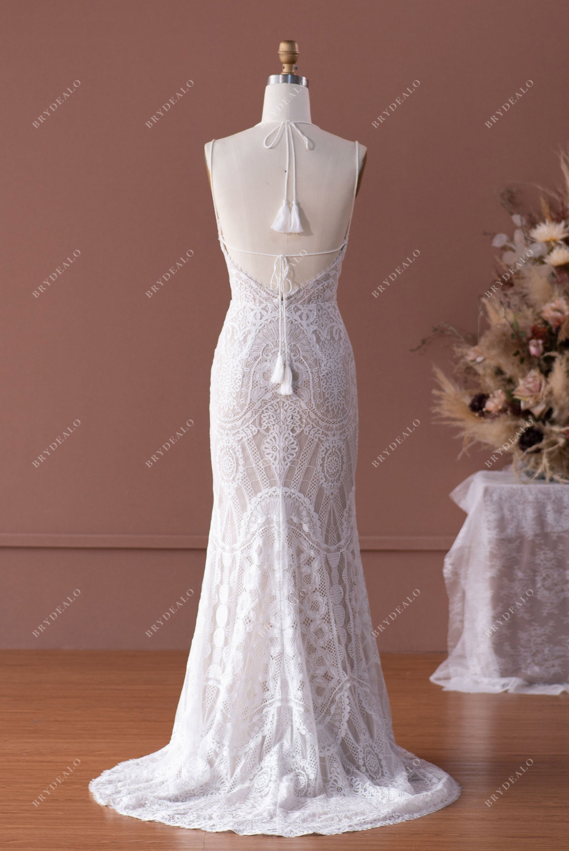 Lace Boho Halter Bridal Gown for Beach Wedding Brydealo Lace Boho Halter Bridal Gown for Beach Wedding Brydealo