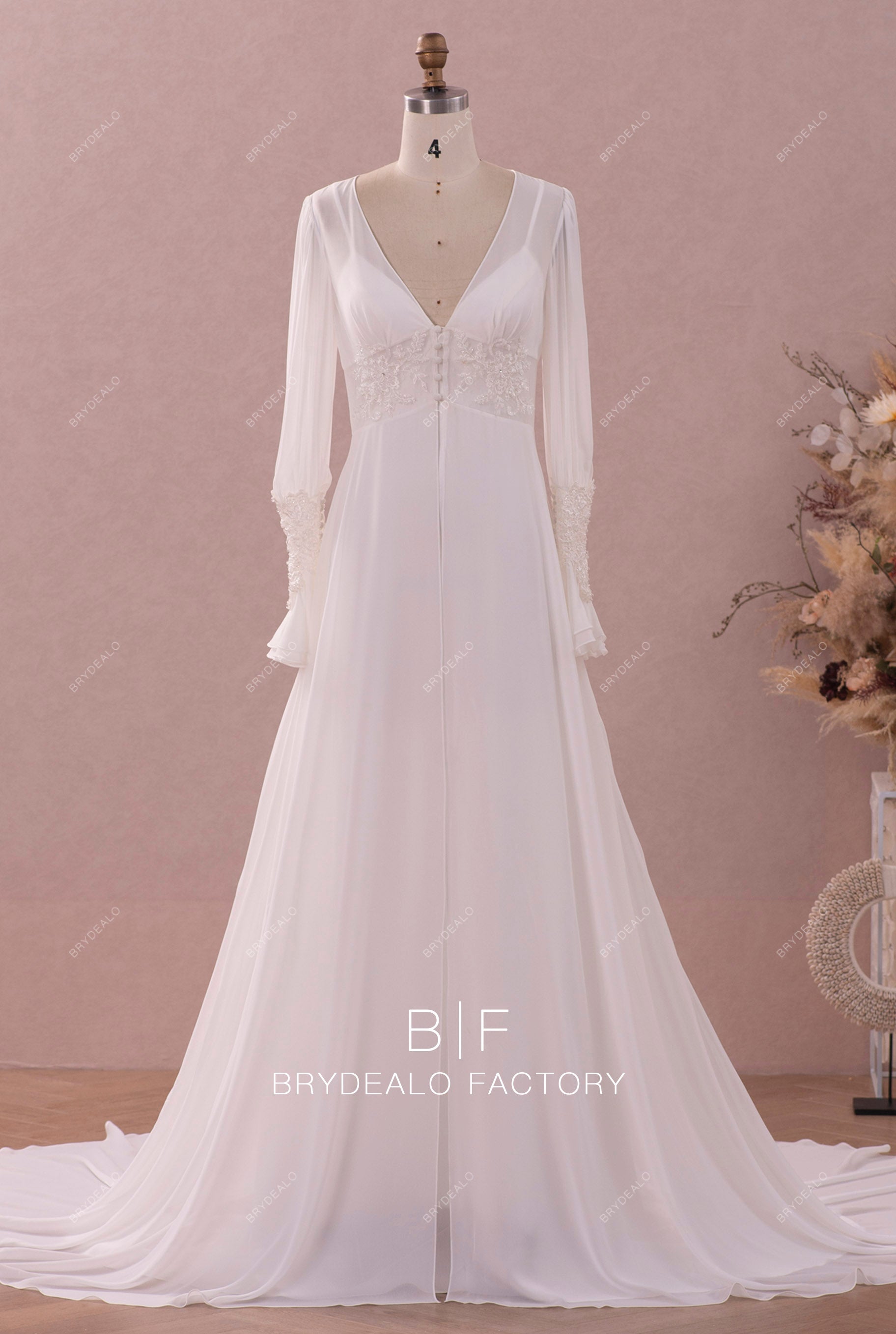 Vintage Beaded Lace Chiffon Robe A-line Wedding Dress