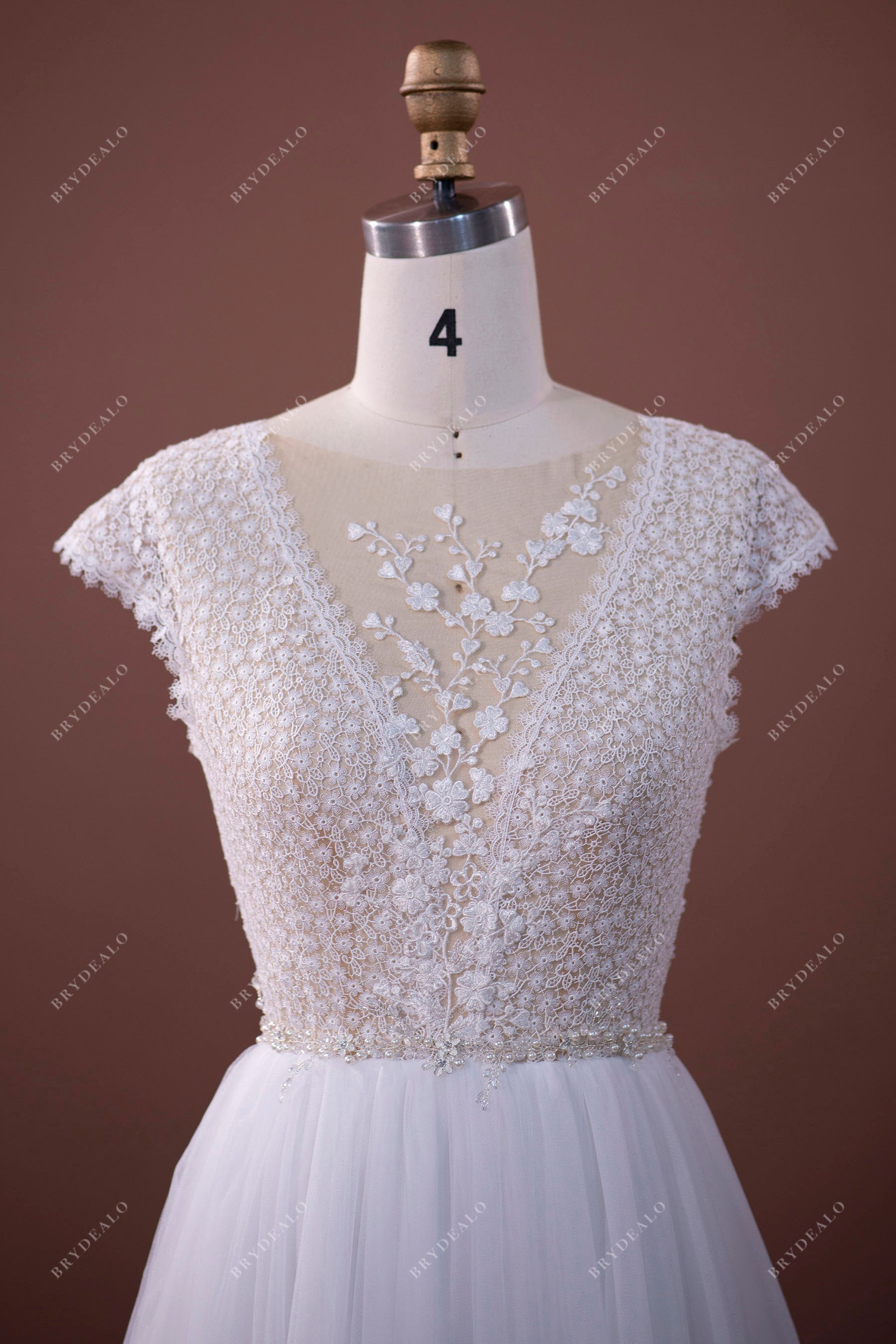 Plunging Neck Illusion Floral Lace Wedding Dress