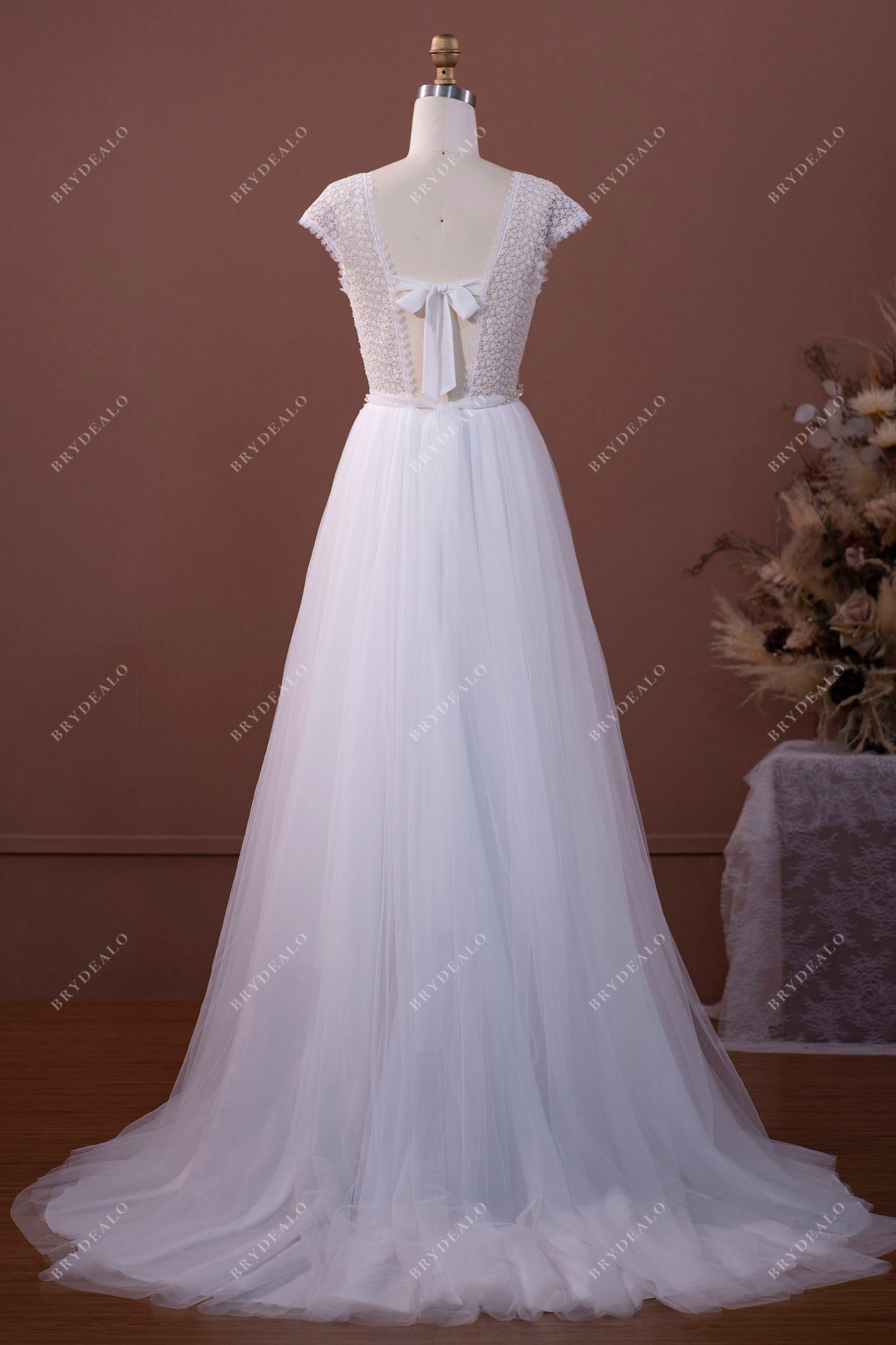 Self-tie Bowknot Illusion Floral Lace  Bridal Gown