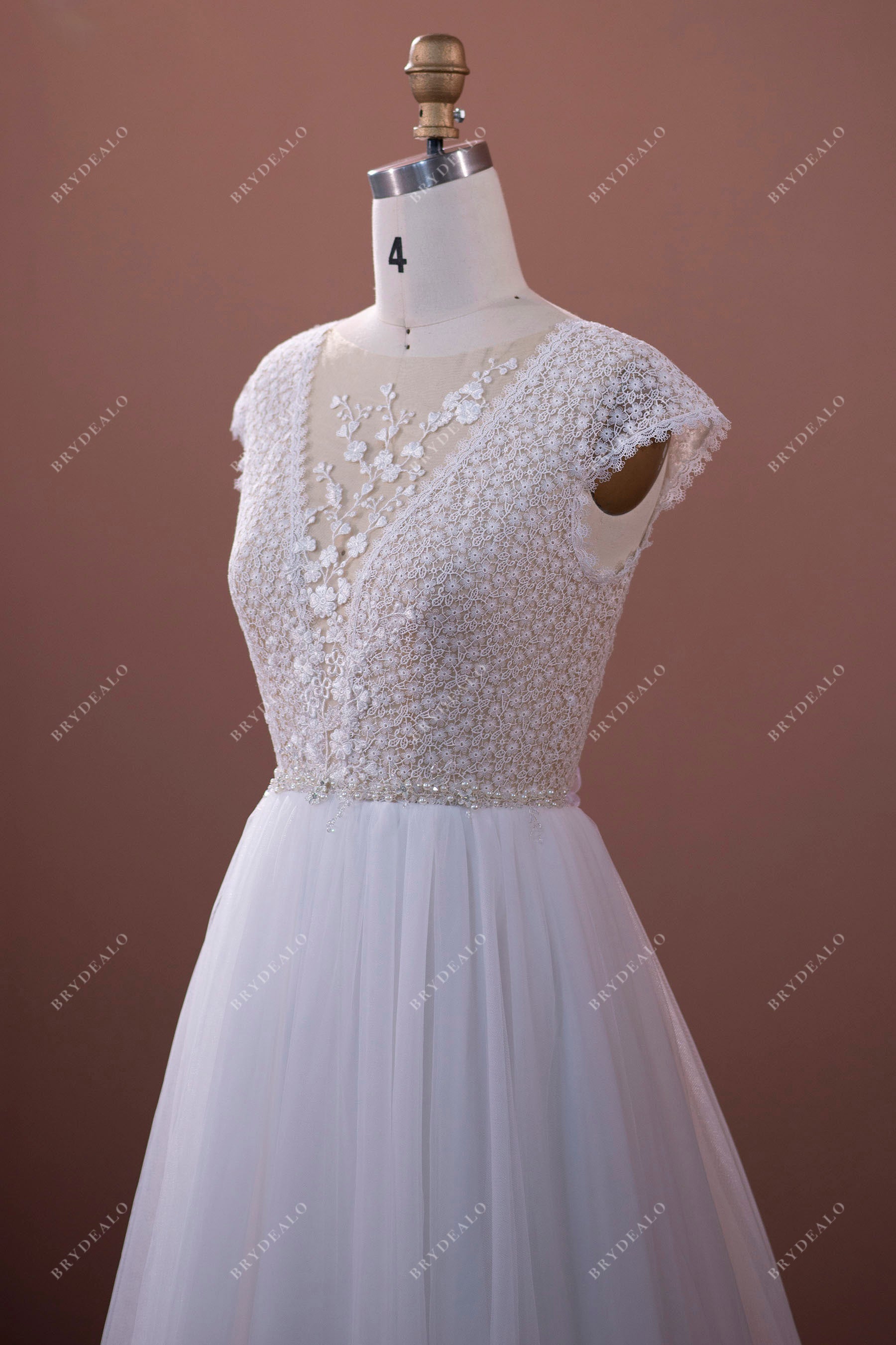 Cap Sleeve Illusion Floral Lace Tulle Bridal Dress