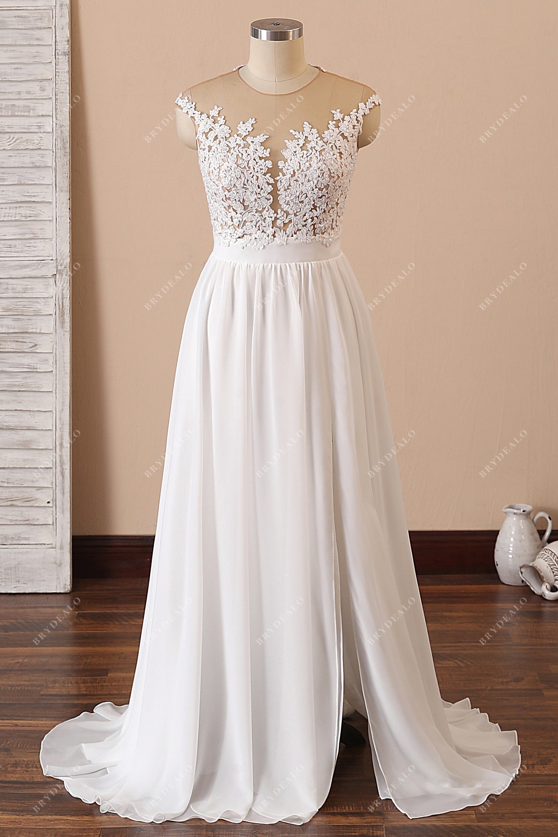 lace cap sleeves high slit chiffon beach wedding gown