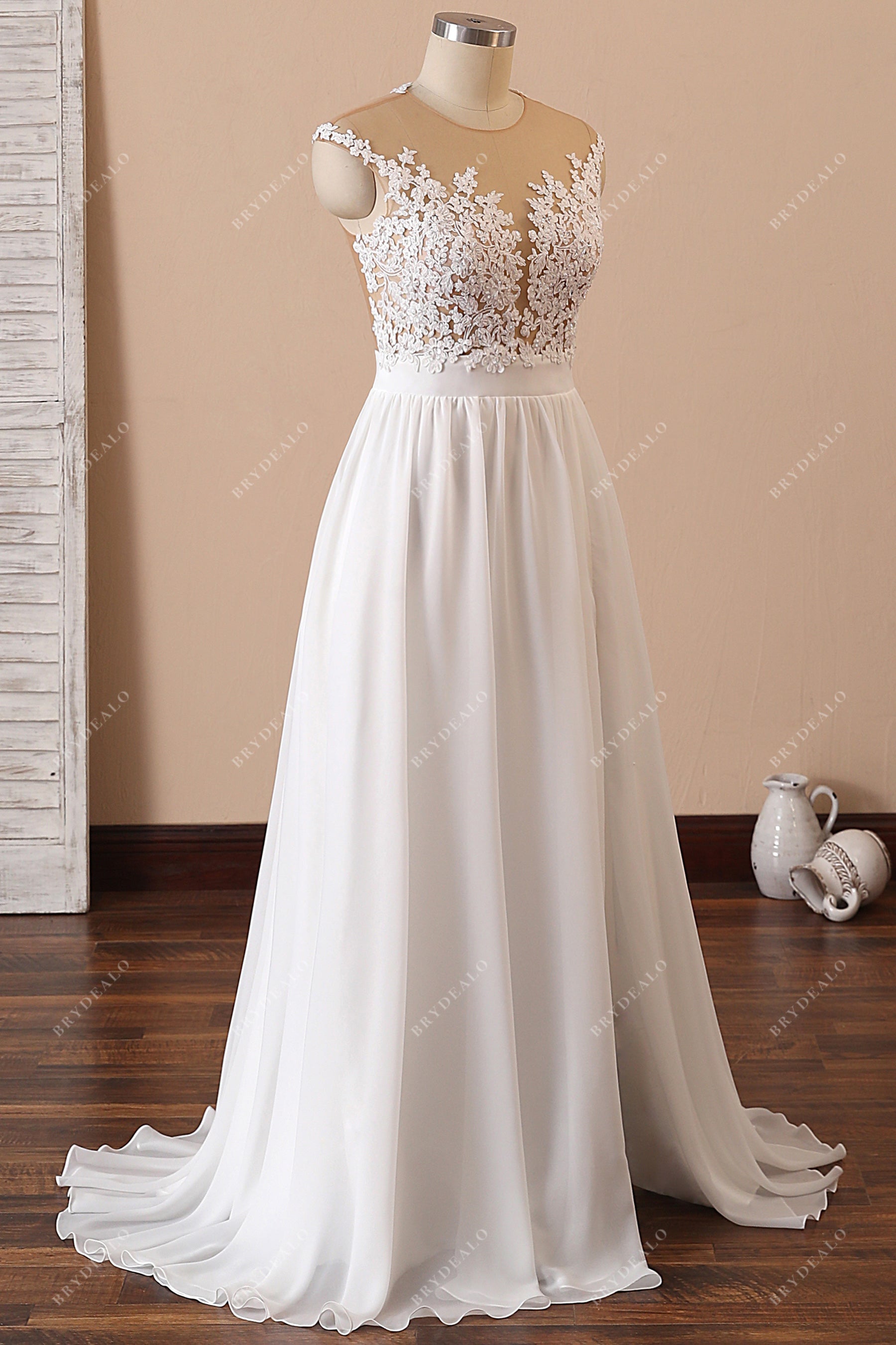 cap sleeves lace chiffon boho spring  bridal dress
