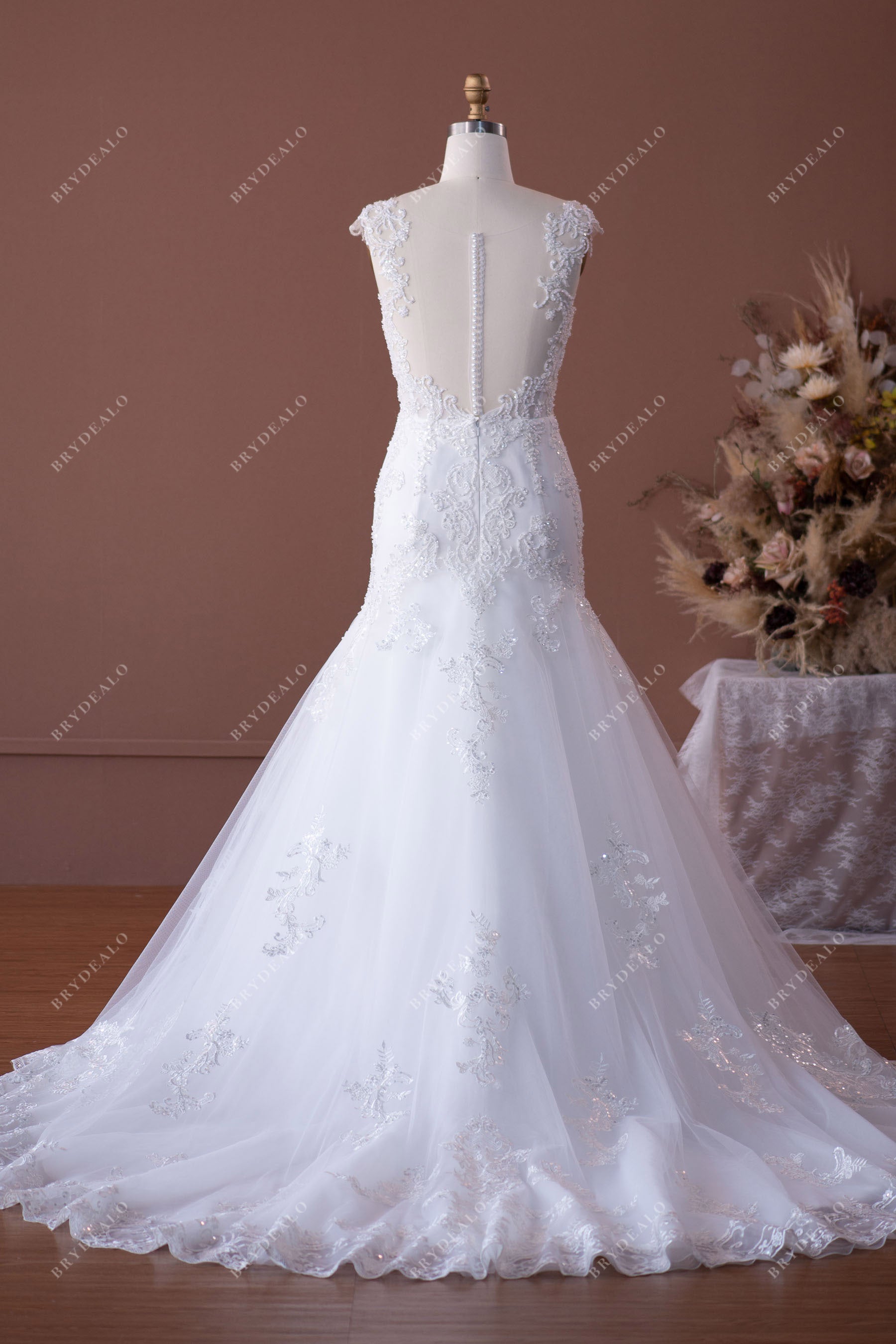  Illusion Back Trumpet Long Train Wedding Dress