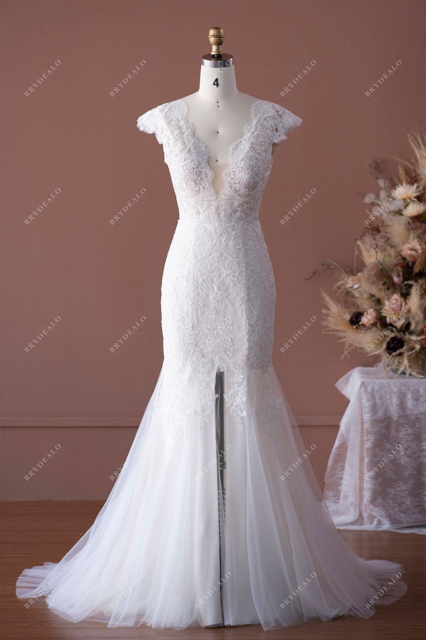 Cap Sleeve Scallop Lace Neck Slit Fit and Flare Wedding Dress
