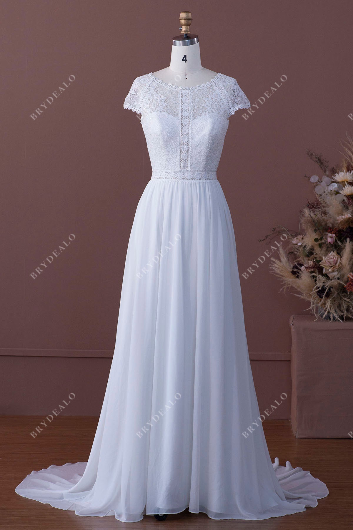 cap sleeve illusion neck flowy chiffon wedding dress