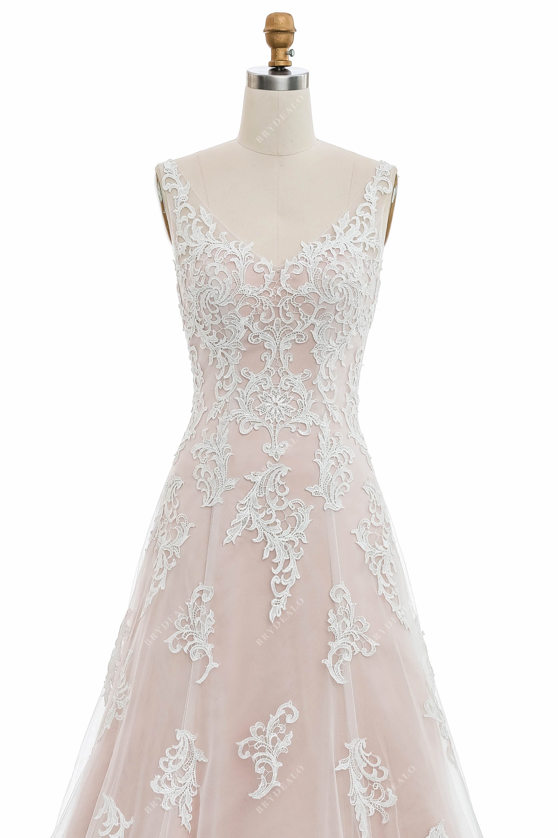 Nude Pink Sleeveless Fit & Flare Demure Lace Court Train Bridal Gown Brydealo Nude Pink Sleeveless Fit & Flare Demure Lace Court Train Bridal Gown Brydealo