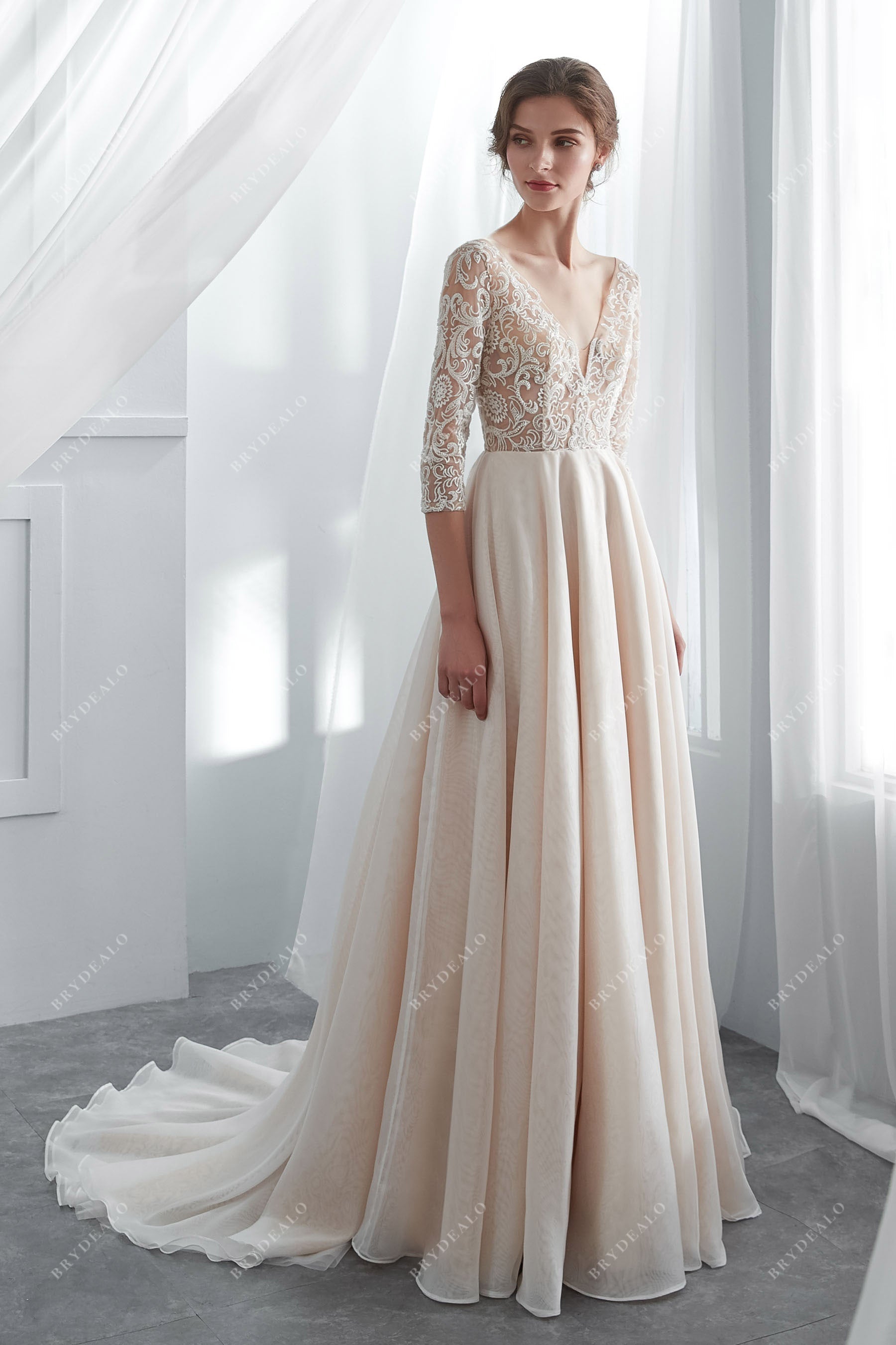 Champagne Illusion 3/4 Sleeve Lace Wedding Dress