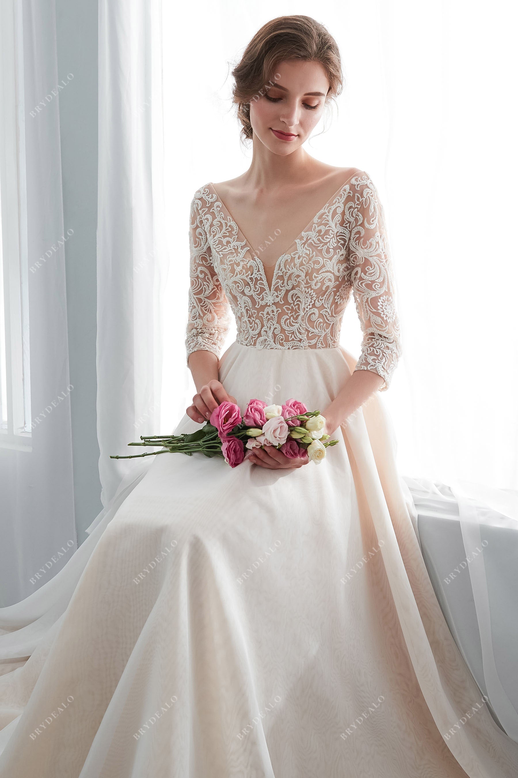 Luxury Champagne Wedding Dress with Geometric Beaded Lace Brydealo Luxury Champagne Wedding Dress with Geometric Beaded Lace Brydealo