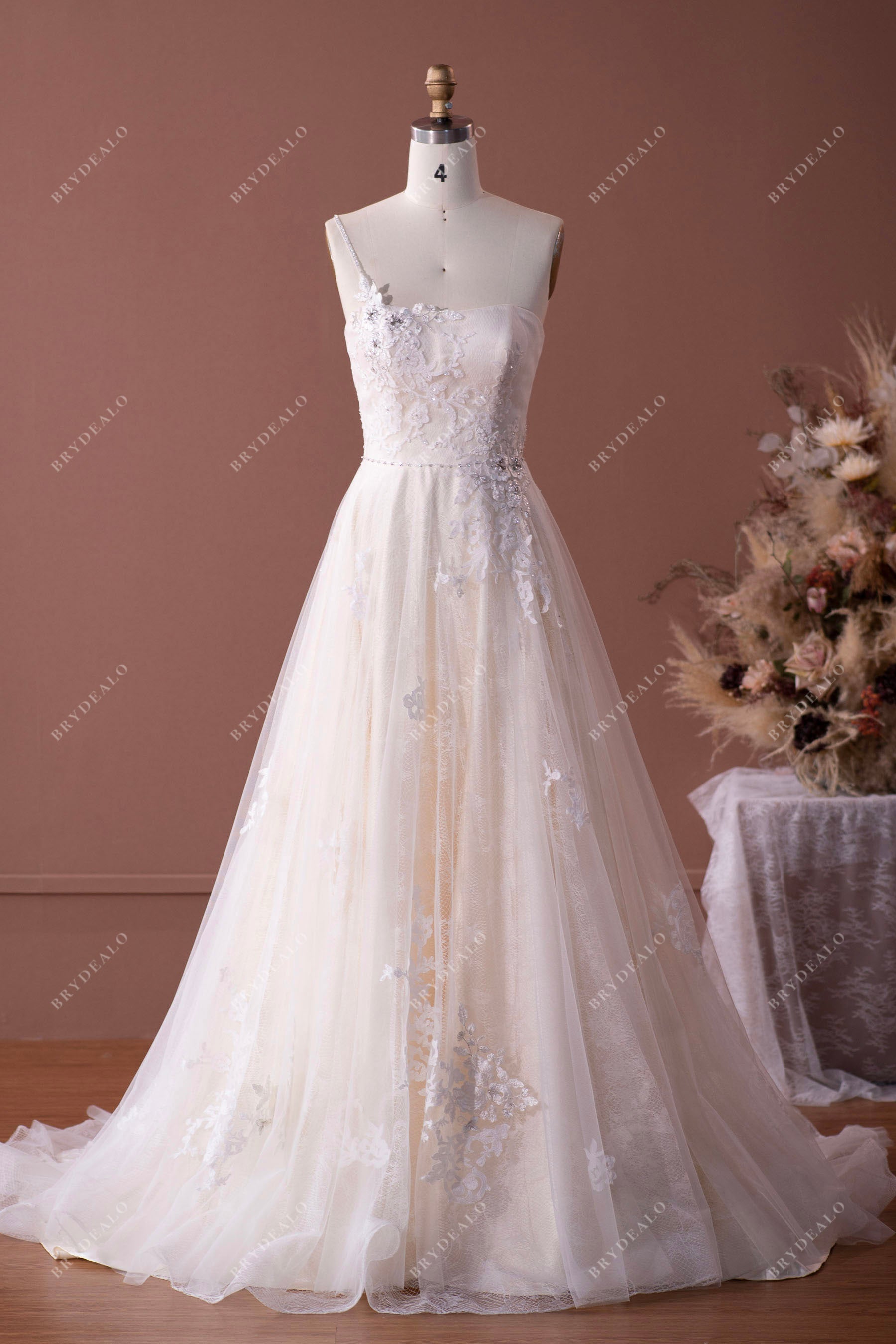Unique Beaded One Shoulder Lace Tulle  Wedding Dress
