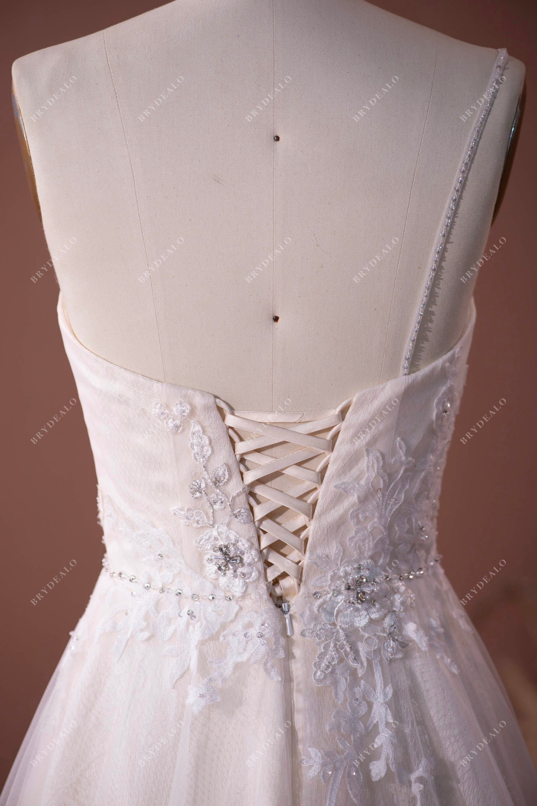 One Beaded Strap Beaded Lace Up Back Wedding Dress