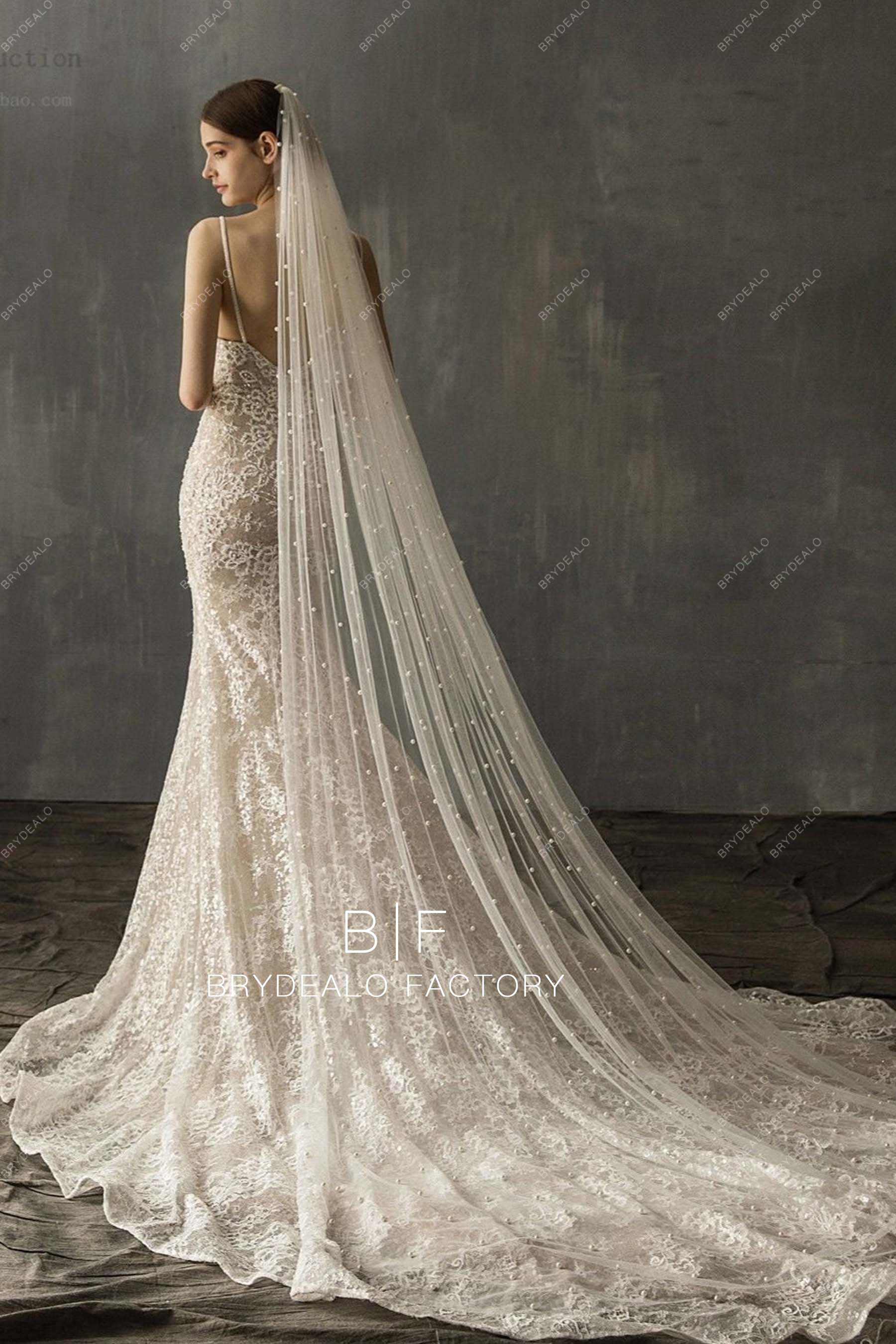 Long Train Scattered Pearls Wedding Veil