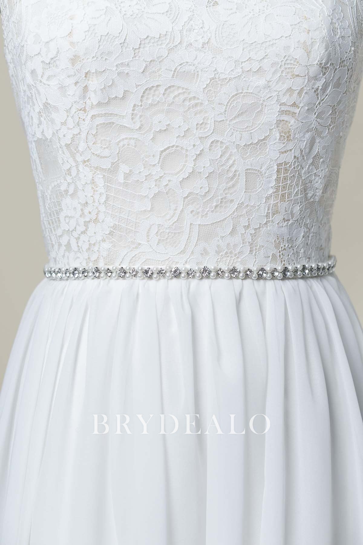 Trendy Linear Pearls Crystals Bridal Sash Belt 