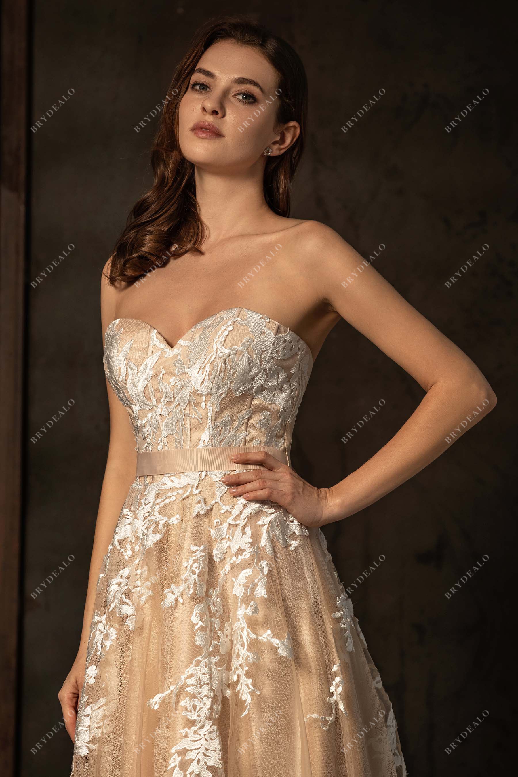 designer colored strapless sweetheart neck wedding dress