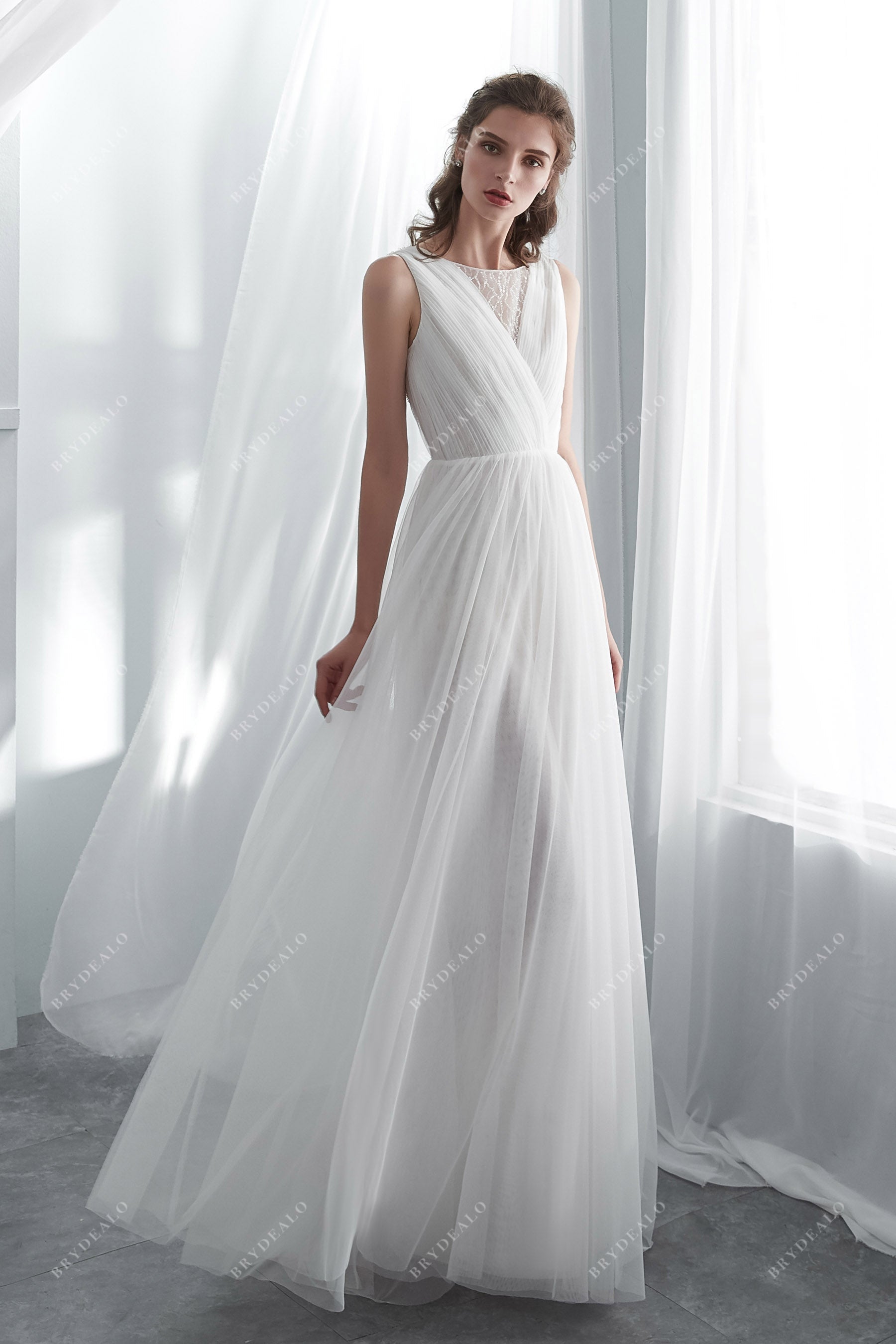 Illusion Bead Tulle Sleeveless Spring Bridal Dress