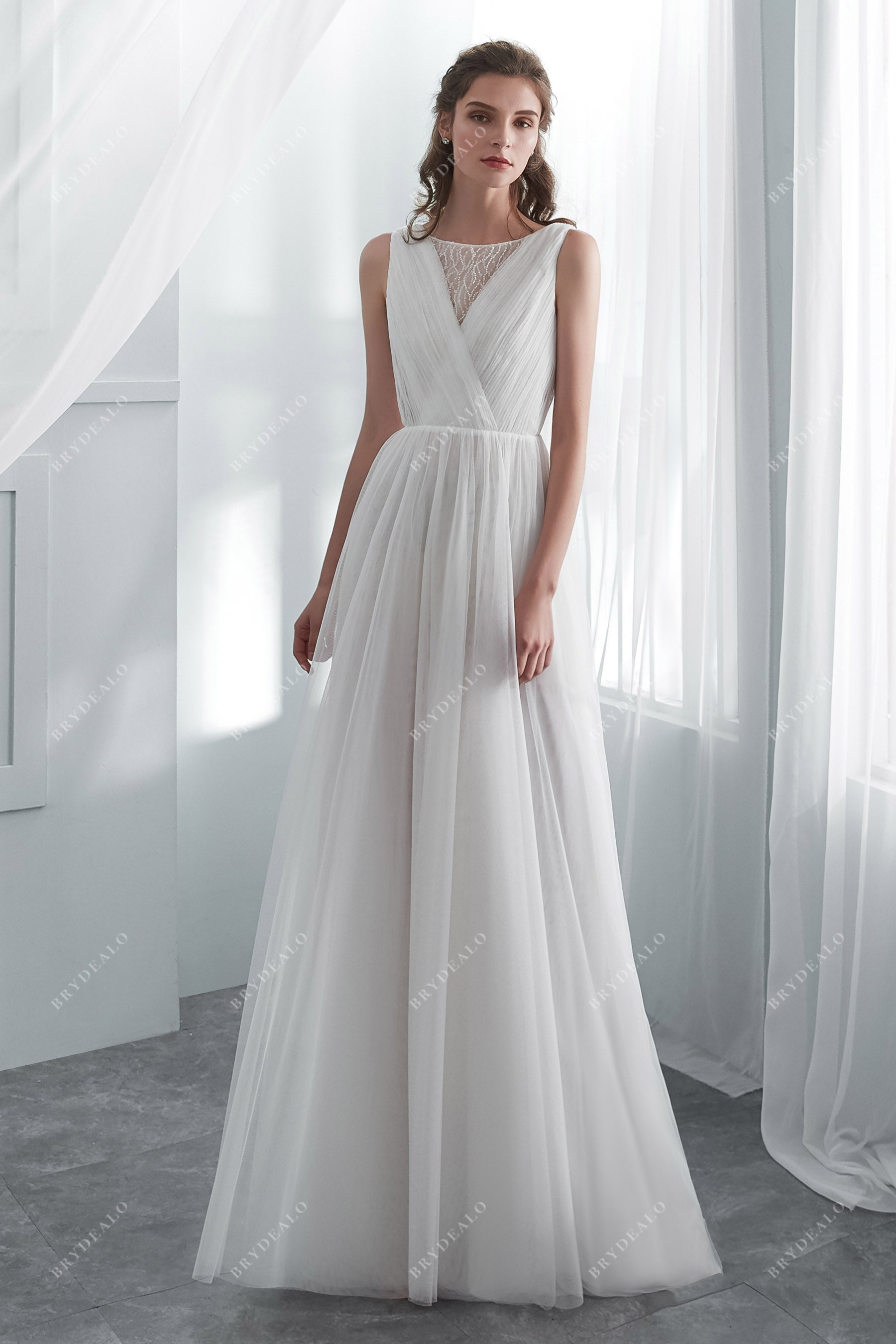 Sleeveless CrissCross Pleated Outdoor Fall Bridal Dress
