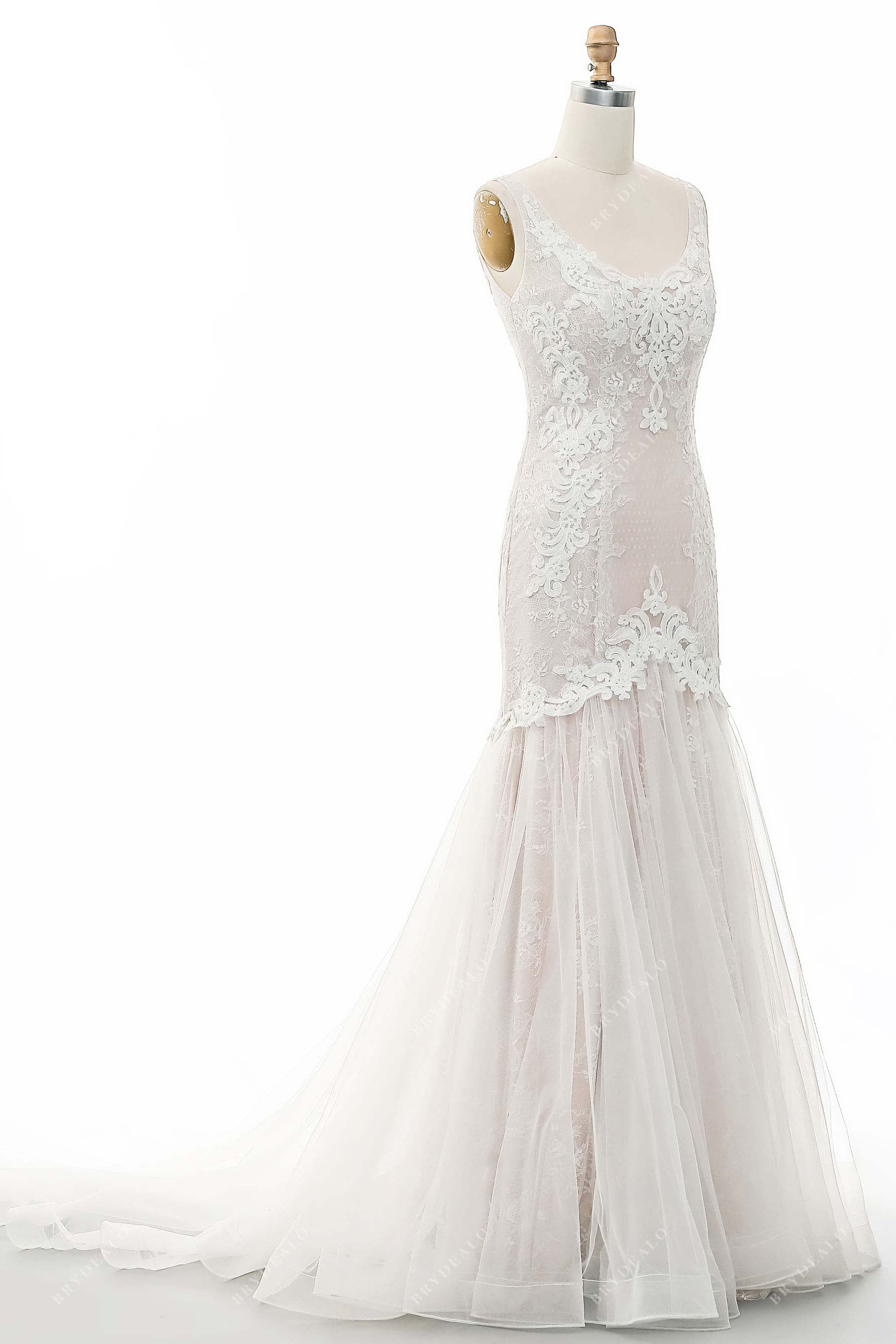 Court Train Scoop Neck Beaded Lace Tulle Nude  Bridal Gown