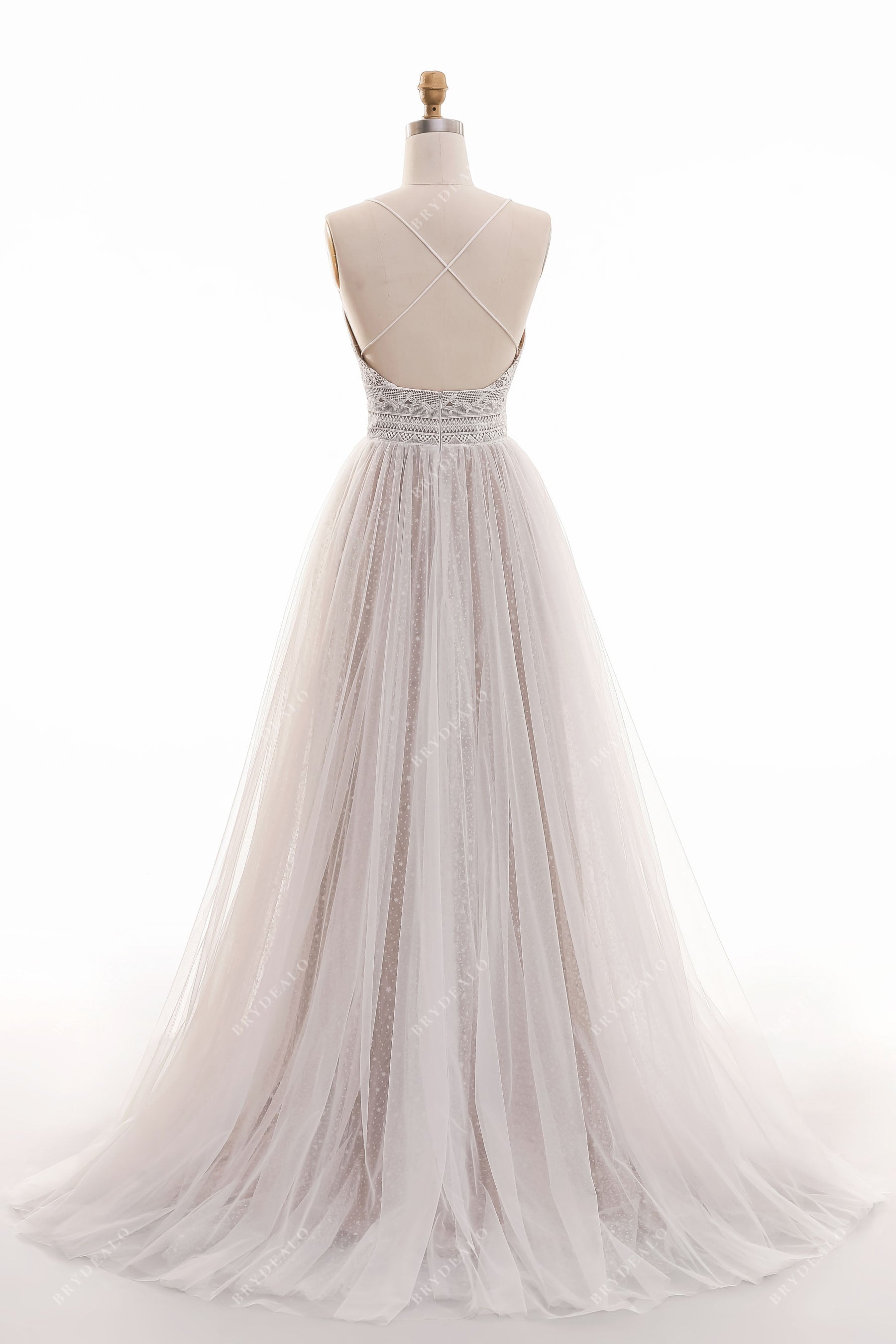 cirsscross open back lace A-line tulle summer wedding dress