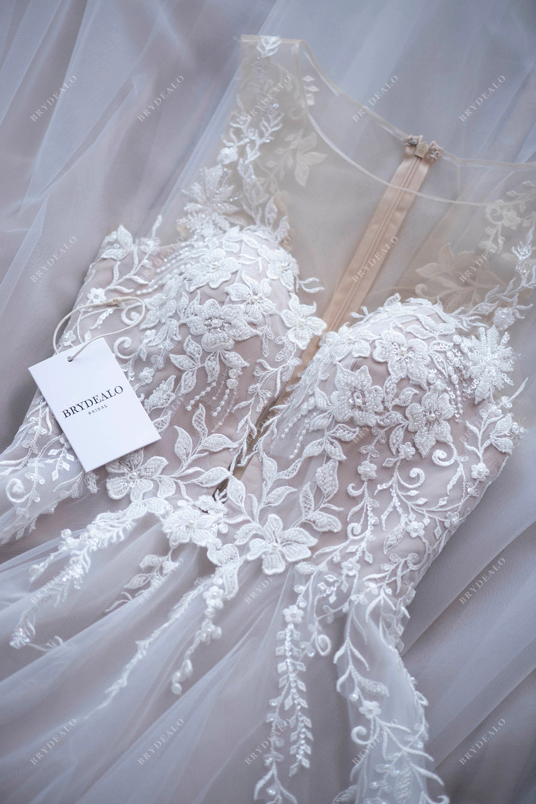 Beaded Lace Illusion Neck Sleeveless Wedding Dress