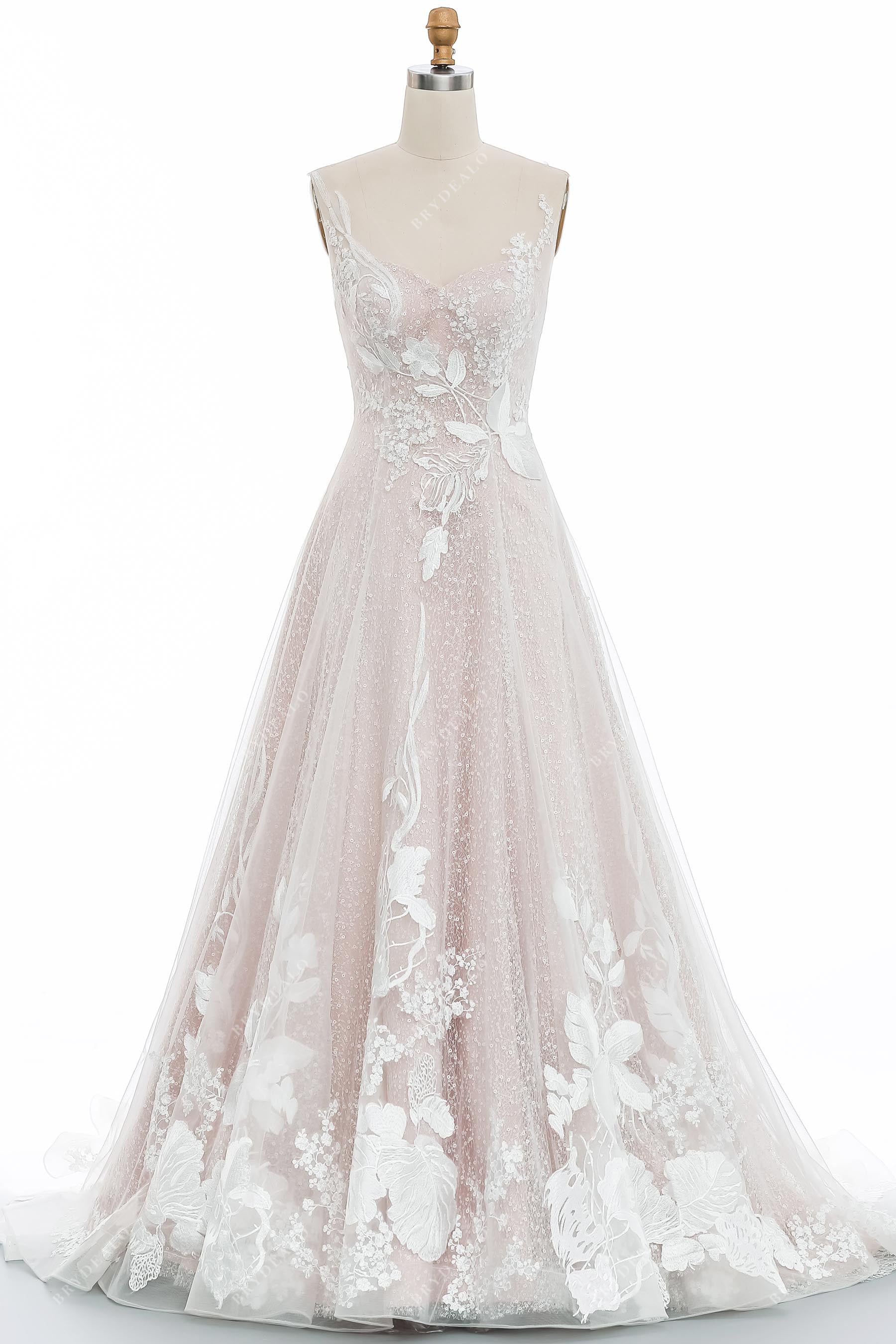 designer lace sequin ruffled A-line wedding gown