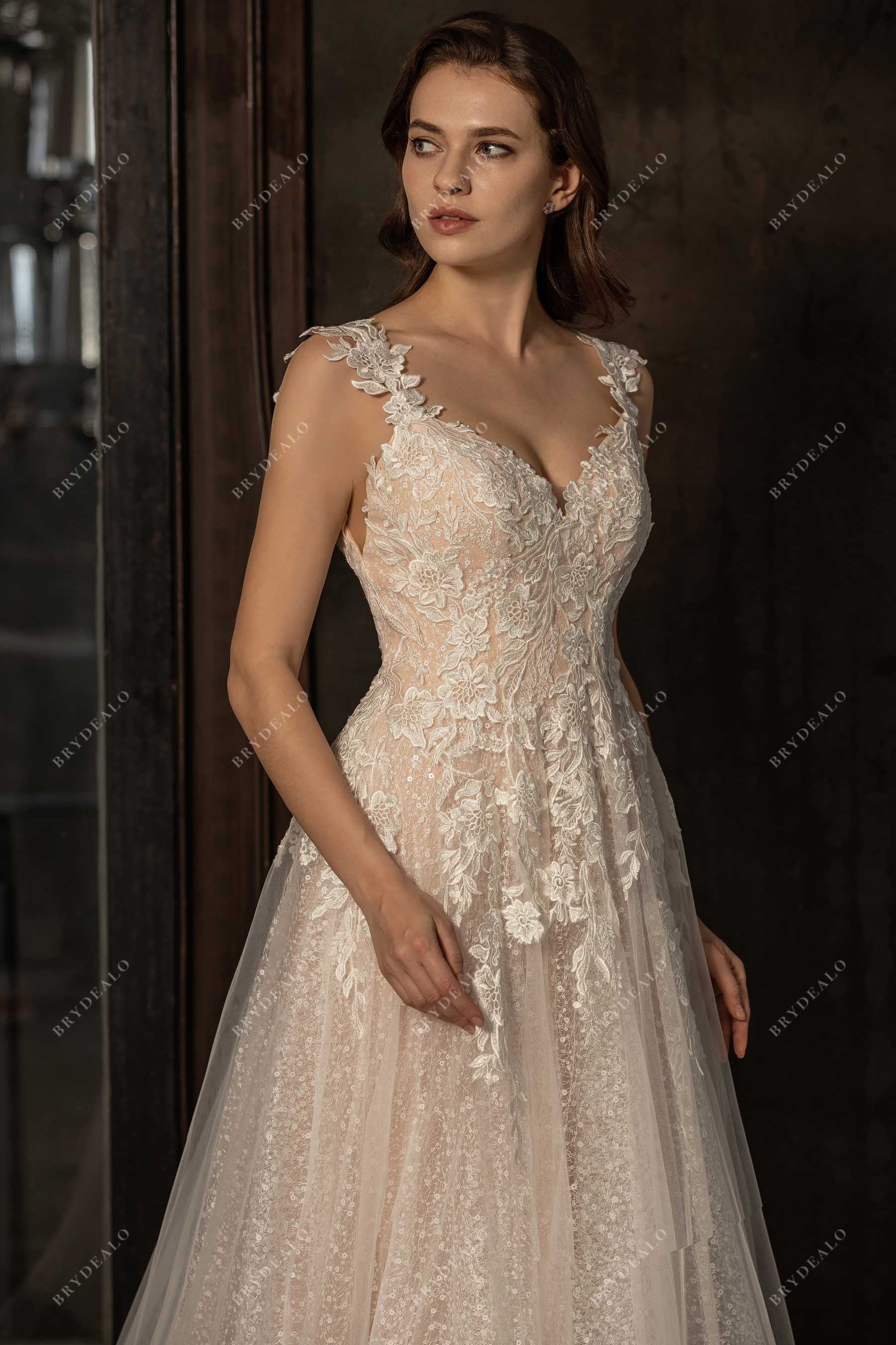 sleeveless designer lace sequin bridal gown
