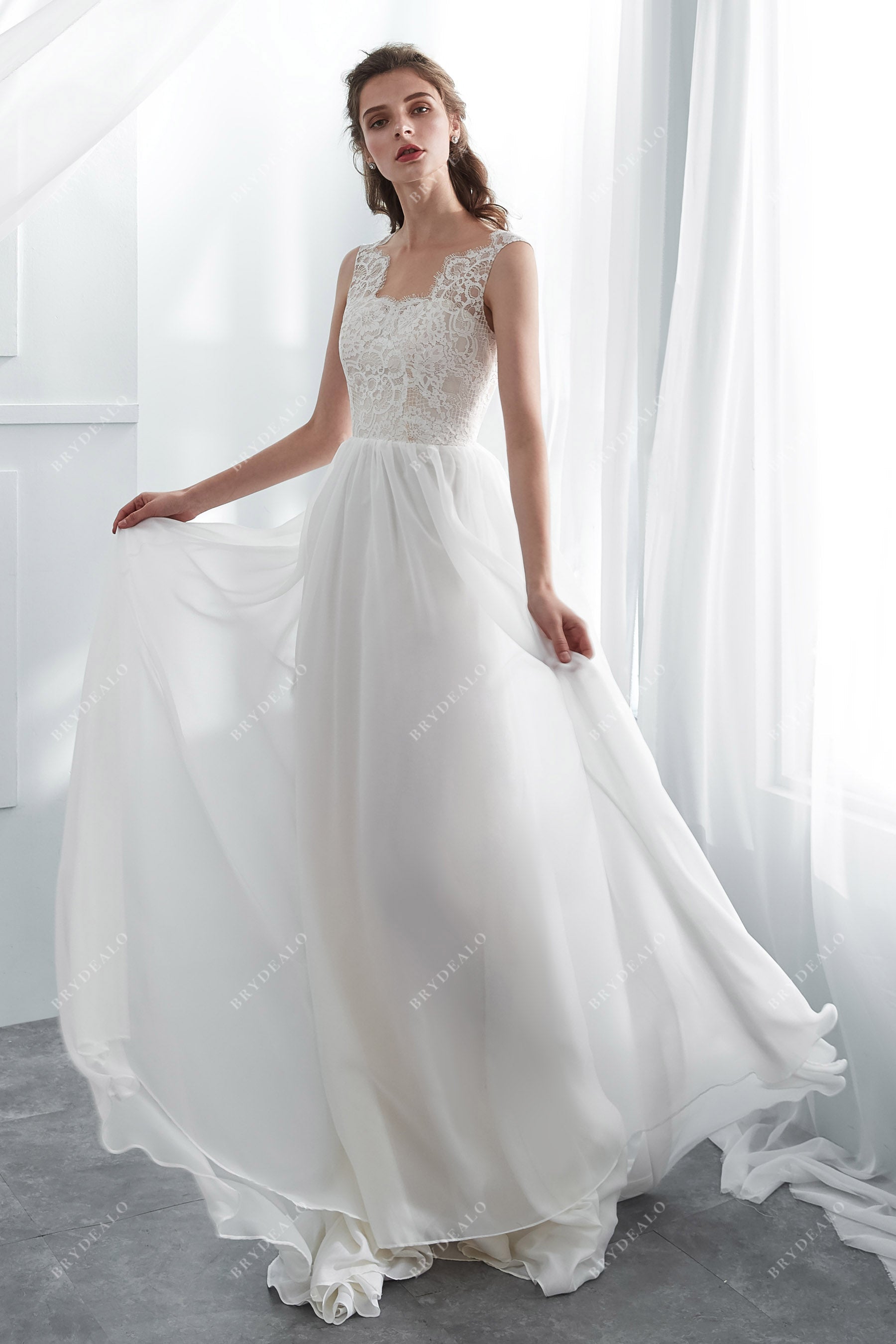 French Chantilly Lace Boho A-line Chiffon Wedding Dress