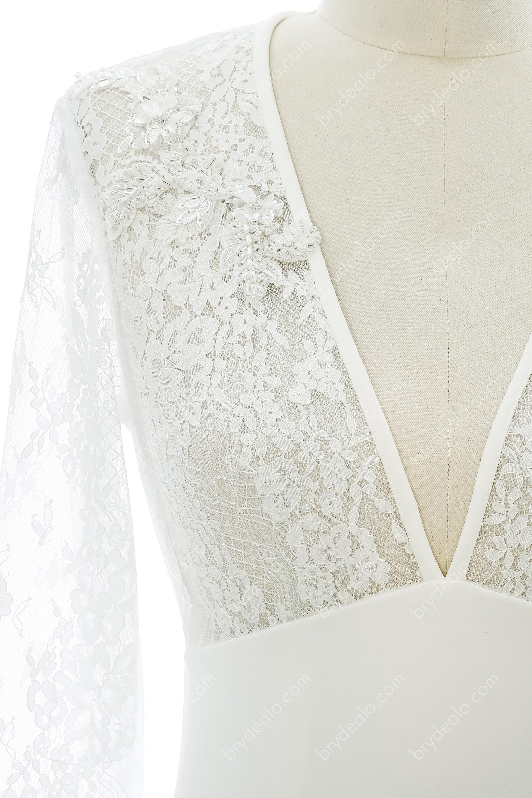deep v-neck lace sheer sleeves bridal dress