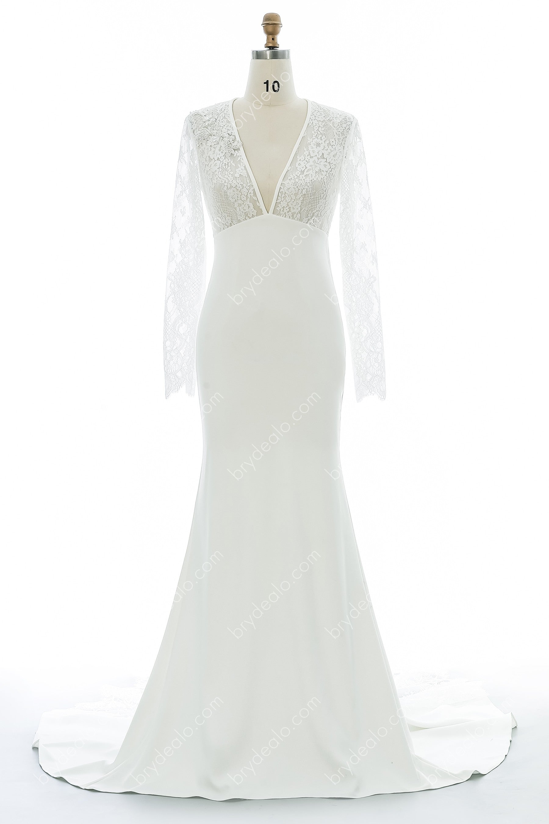 V-neck Empire Lace Sleeves Elegant Crepe Mermaid Wedding Dress