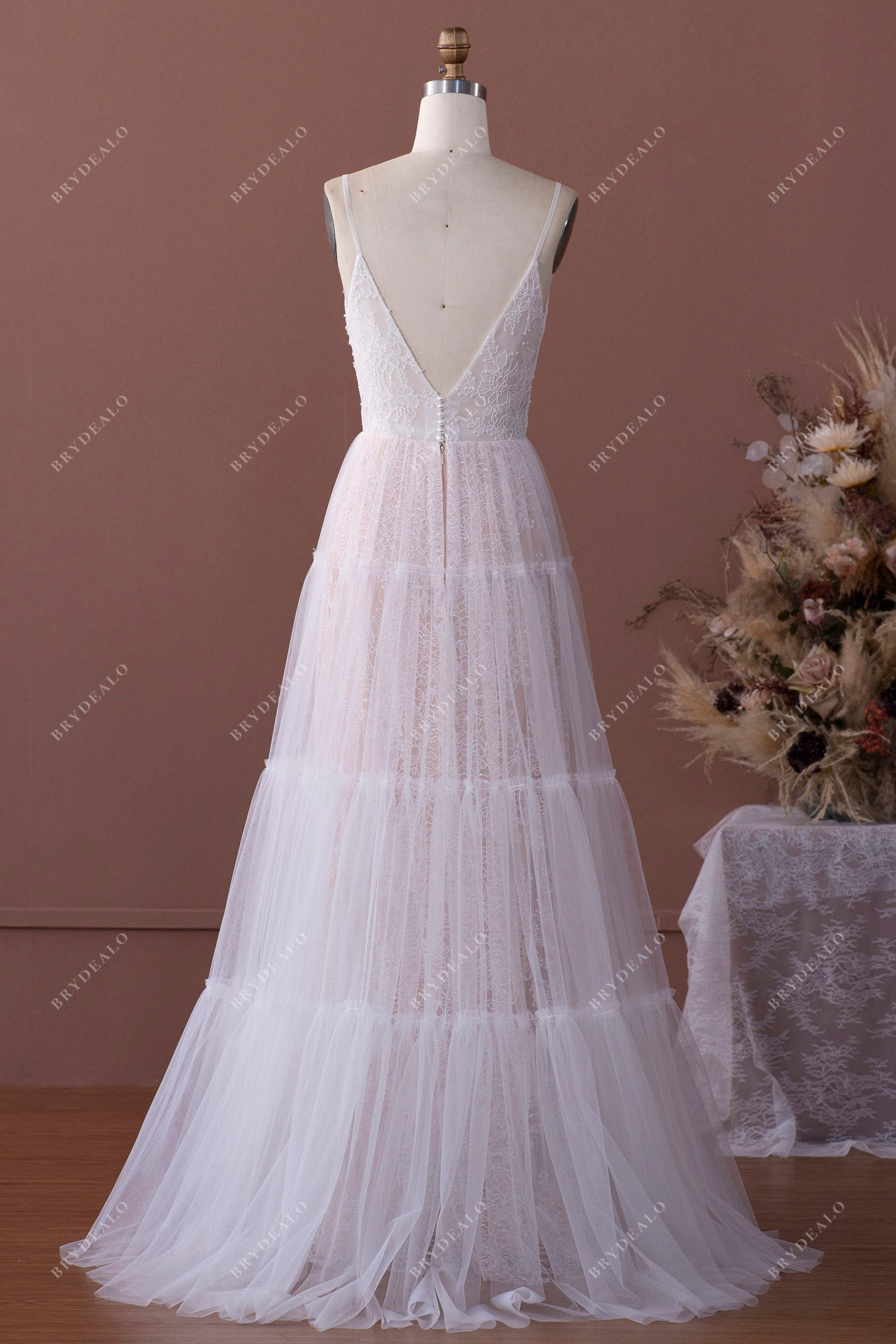 spaghetti straps open V-back floor length bridal gown