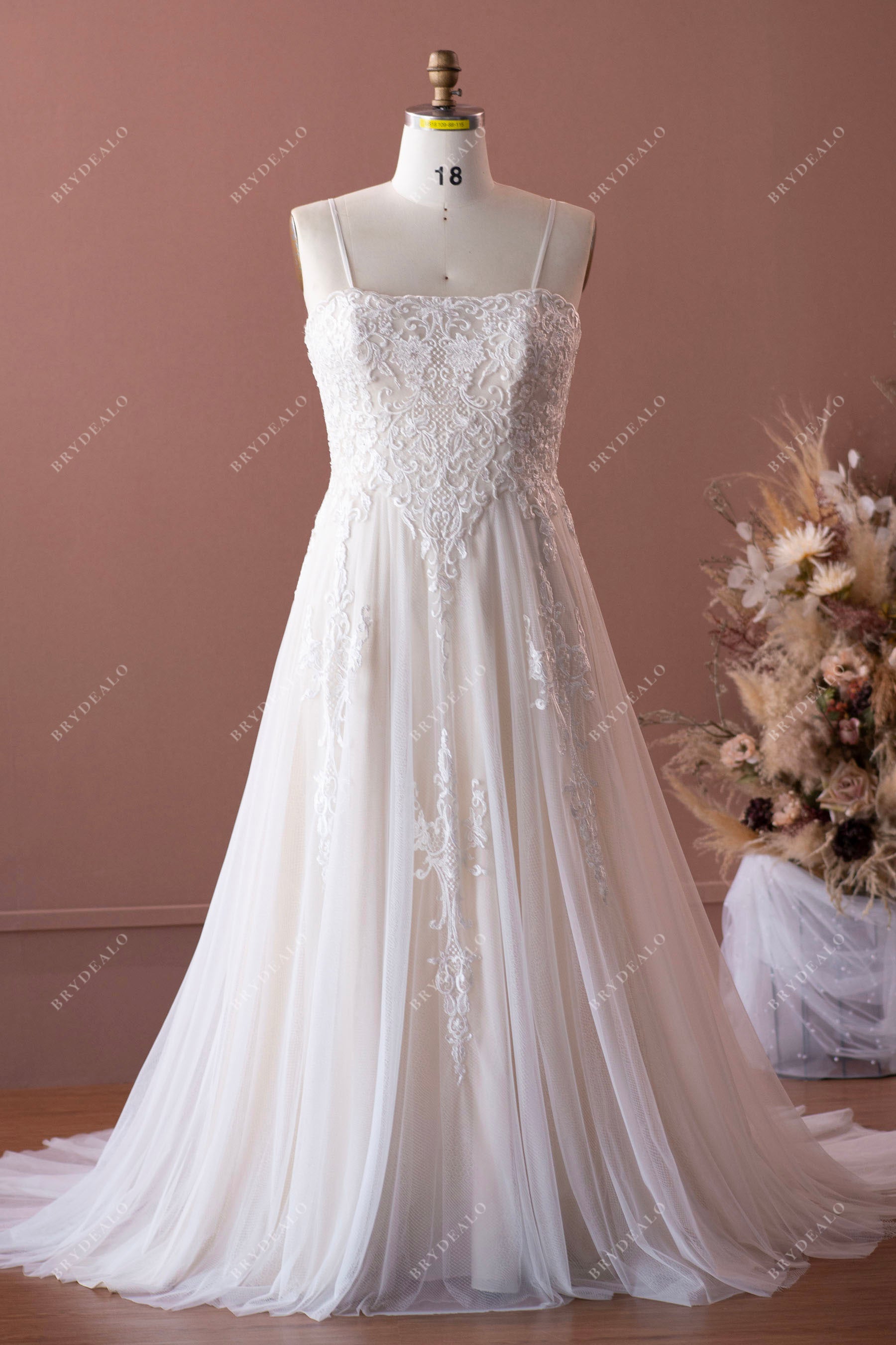 spaghetti straps plus size beaded lace A-line wedding dress