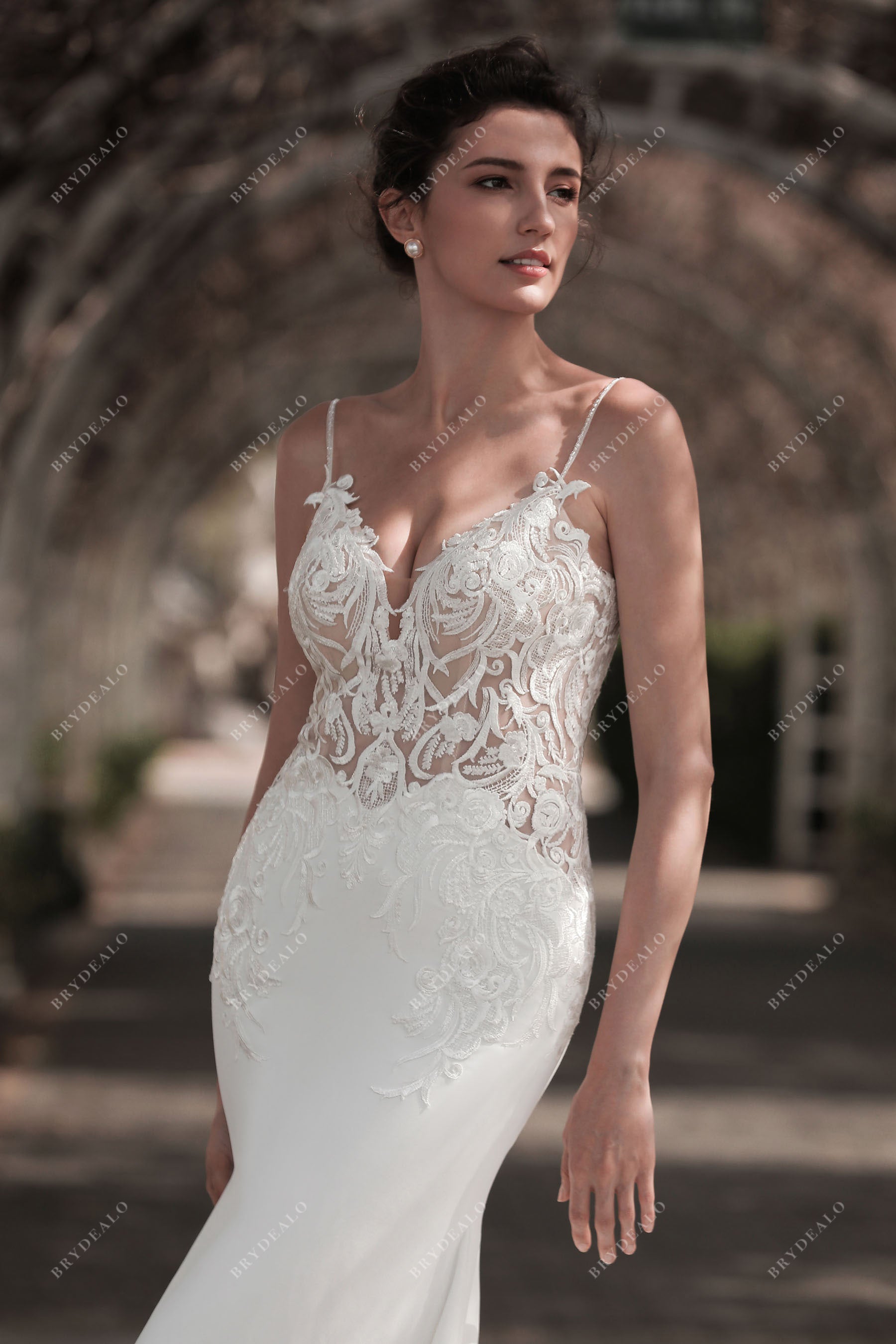sleeveless lace crepe bridal gown
